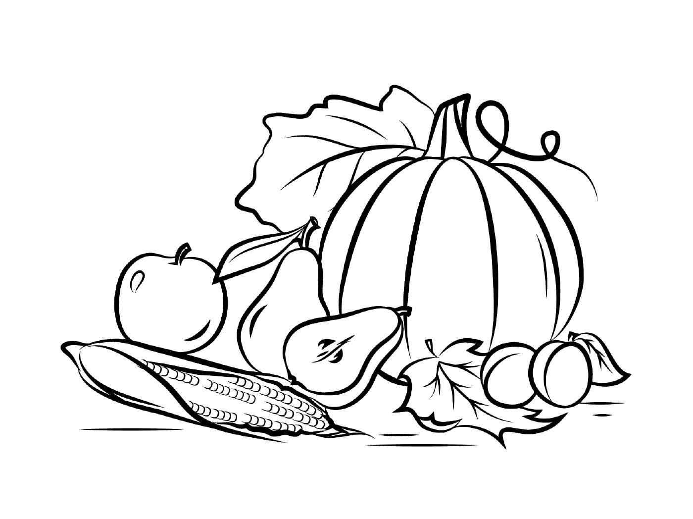  Apple, pear, pumpkin, corn and drawn leaves 