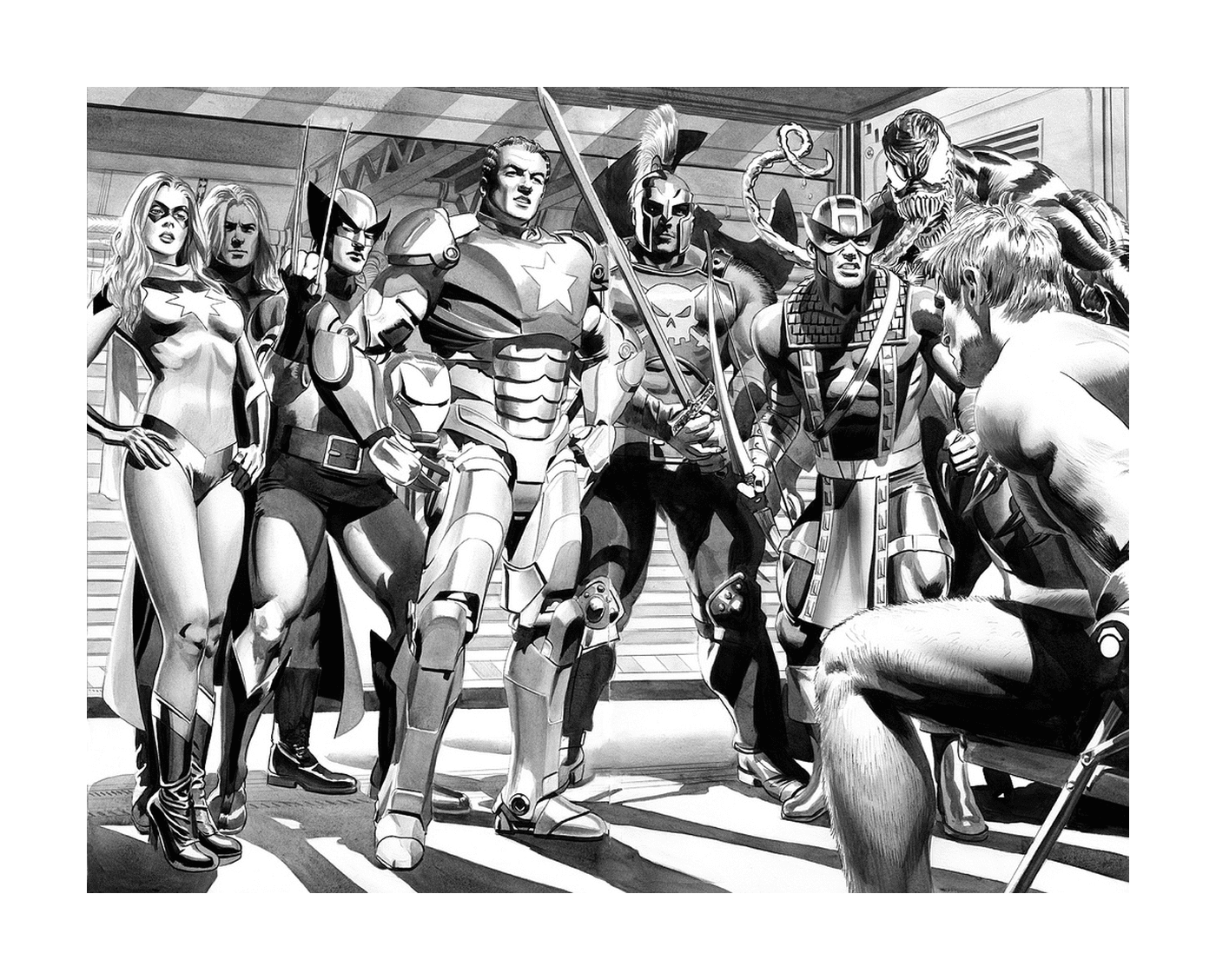  A black and white photograph of a group of superheroes 