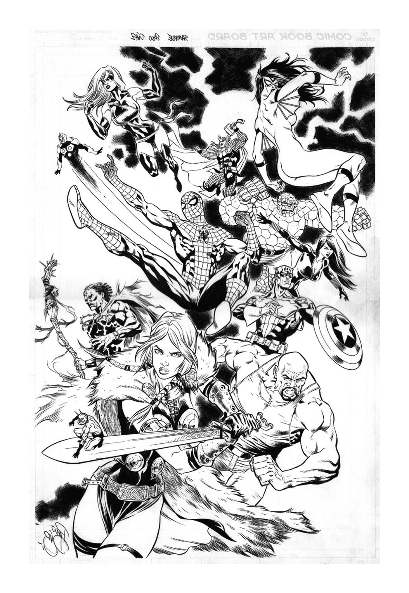  A group of superheroes in black and white 