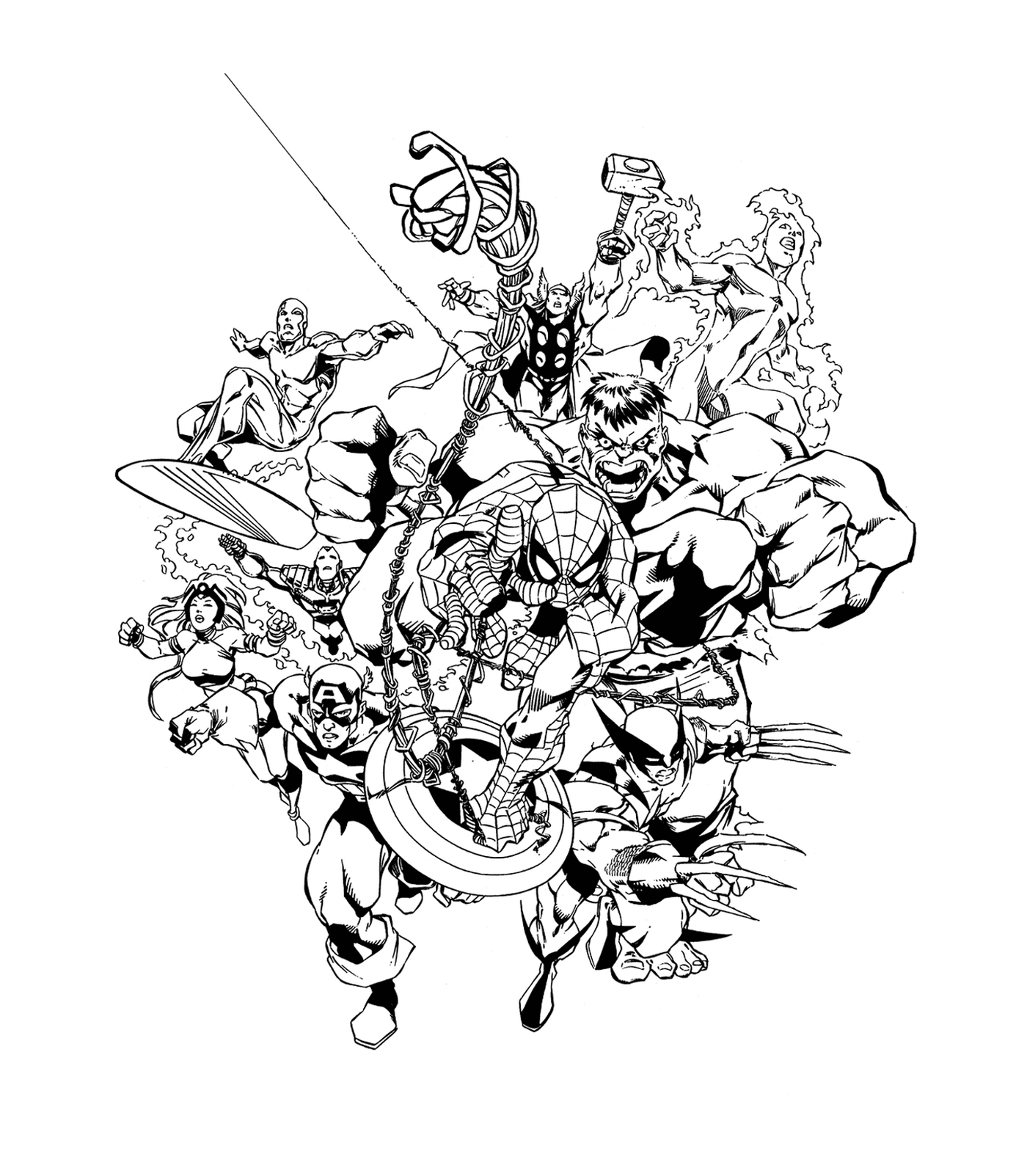  A group of superheroes gathered in this black and white drawing 