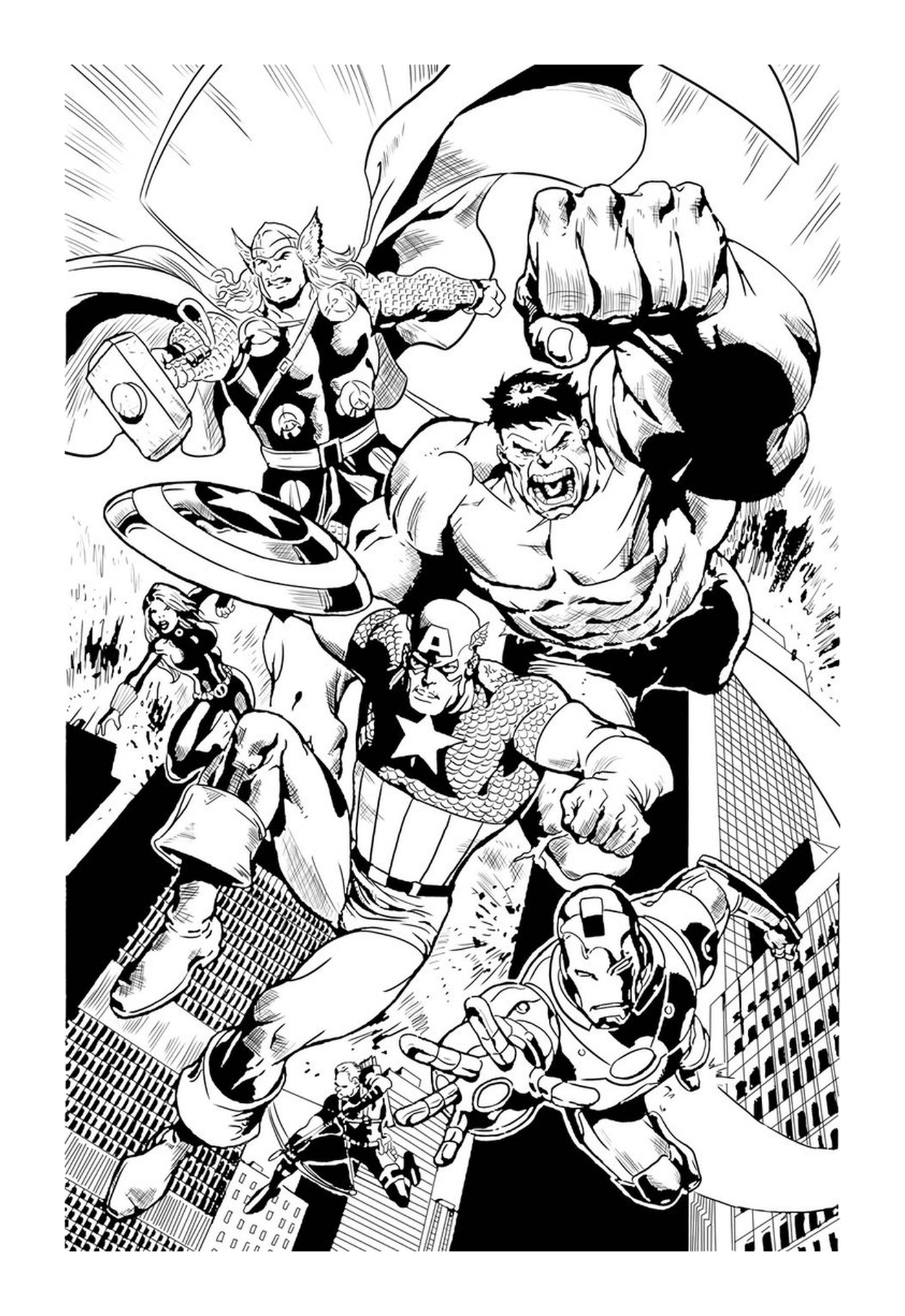  Black and white, a group of superheroes 