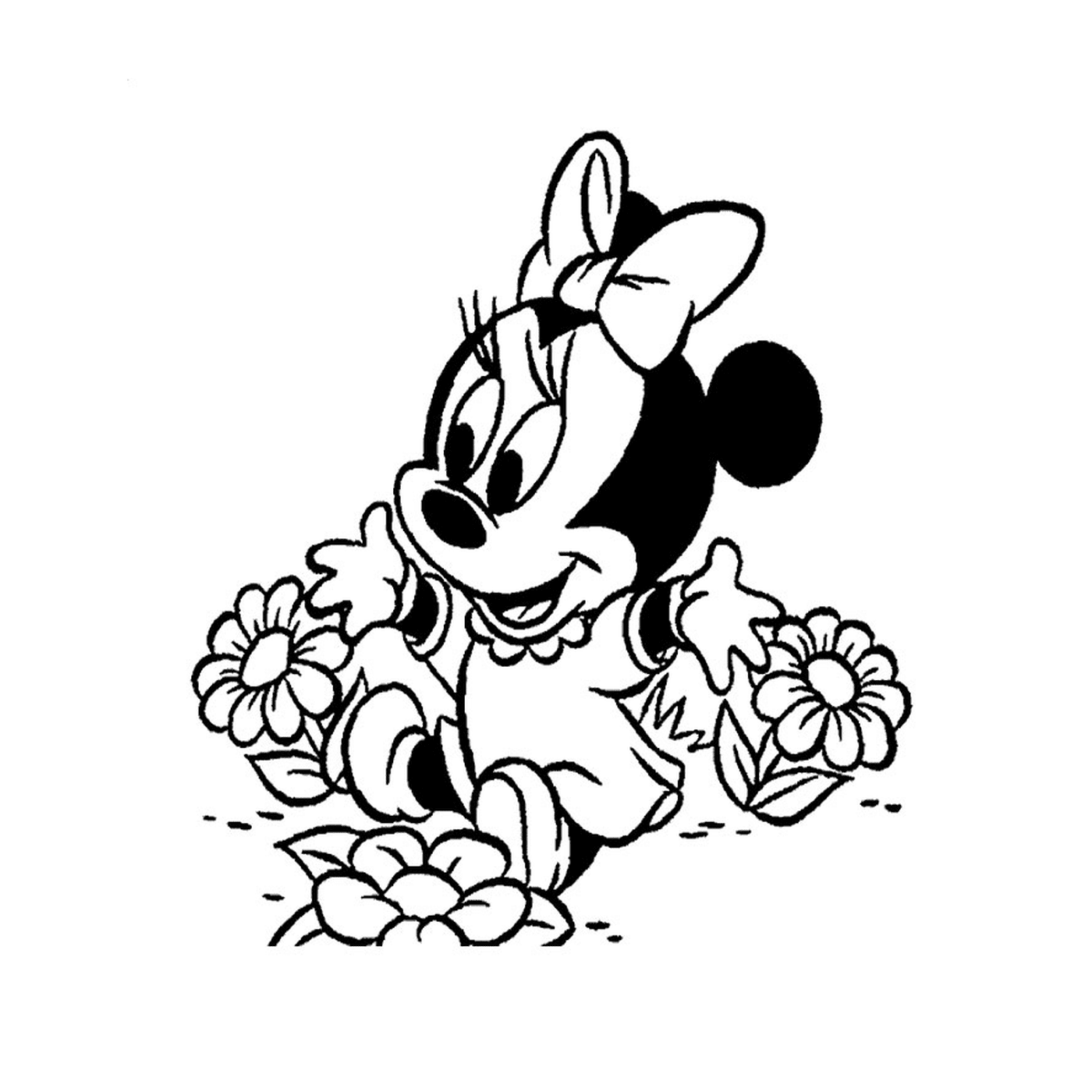  Minnie Mouse bambino seduto su fiori 
