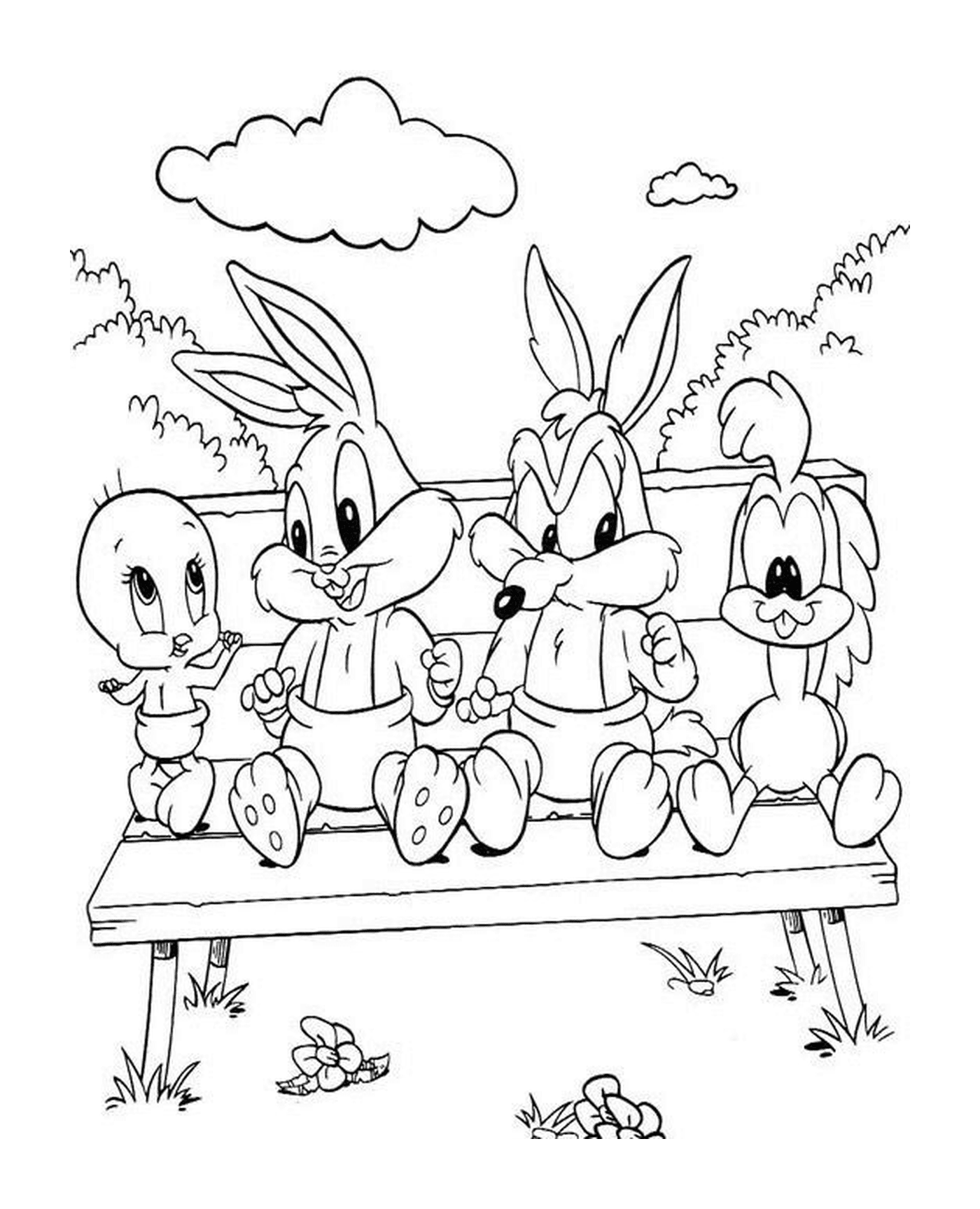  The Looney Tunes sitting on a bench 
