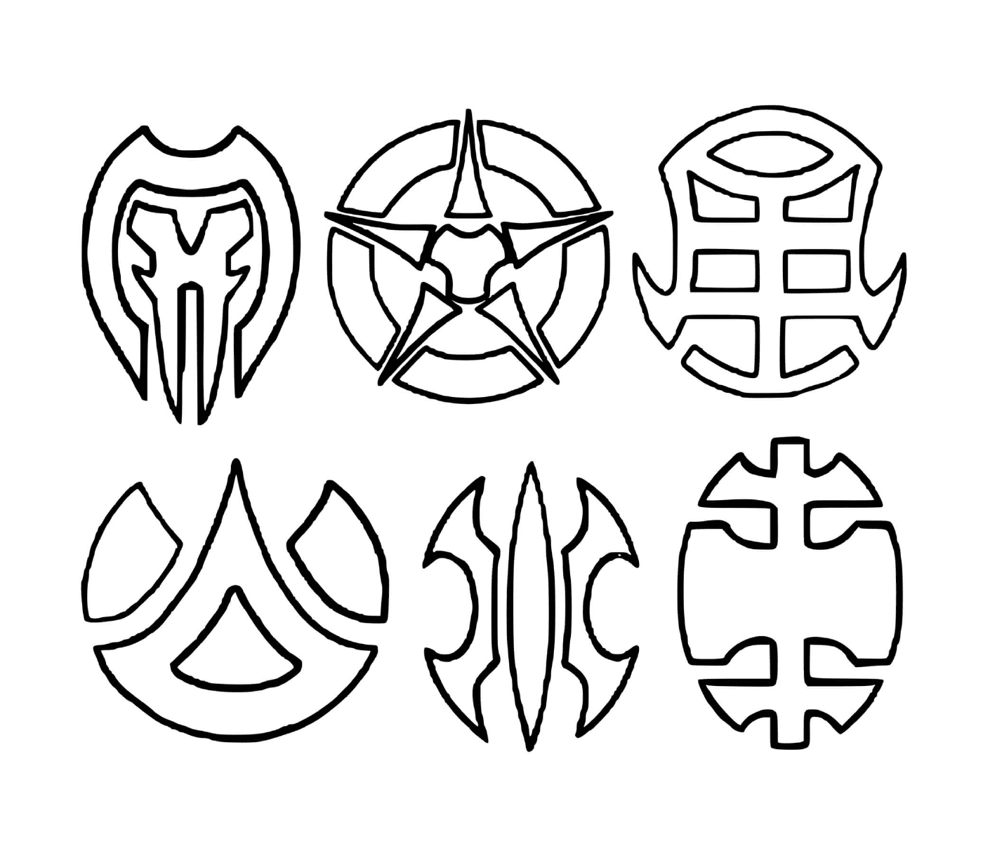  ein Satz von sechs gezeichneten Symbolen 