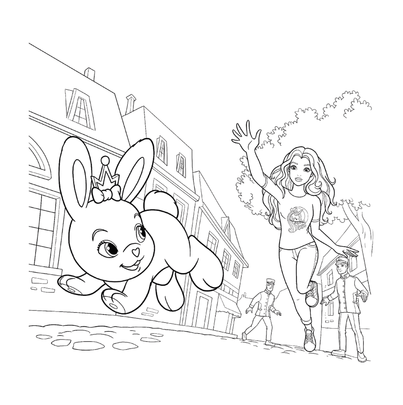  Ein Mädchen läuft mit einem Kaninchen 