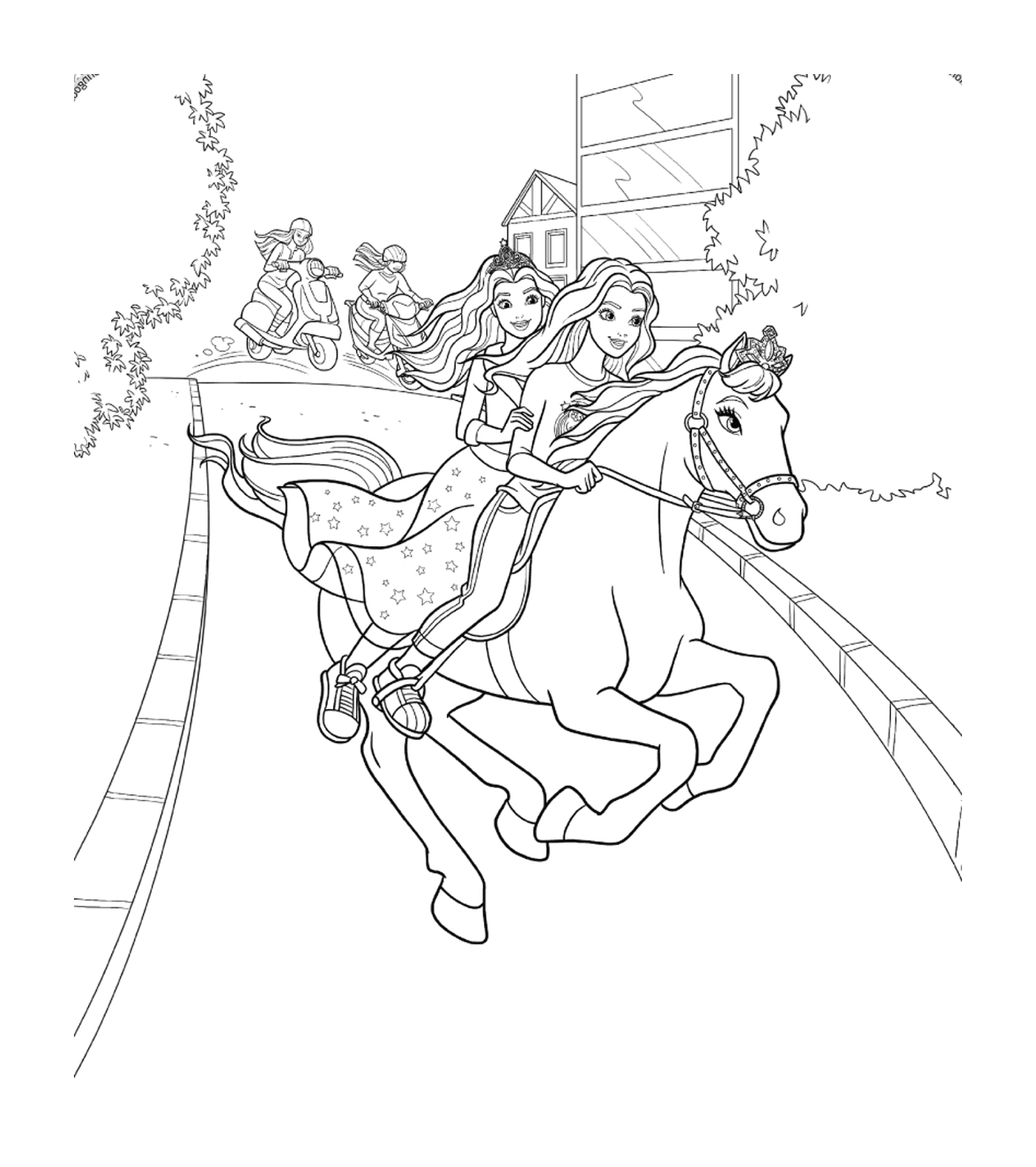  Two women riding a horse 