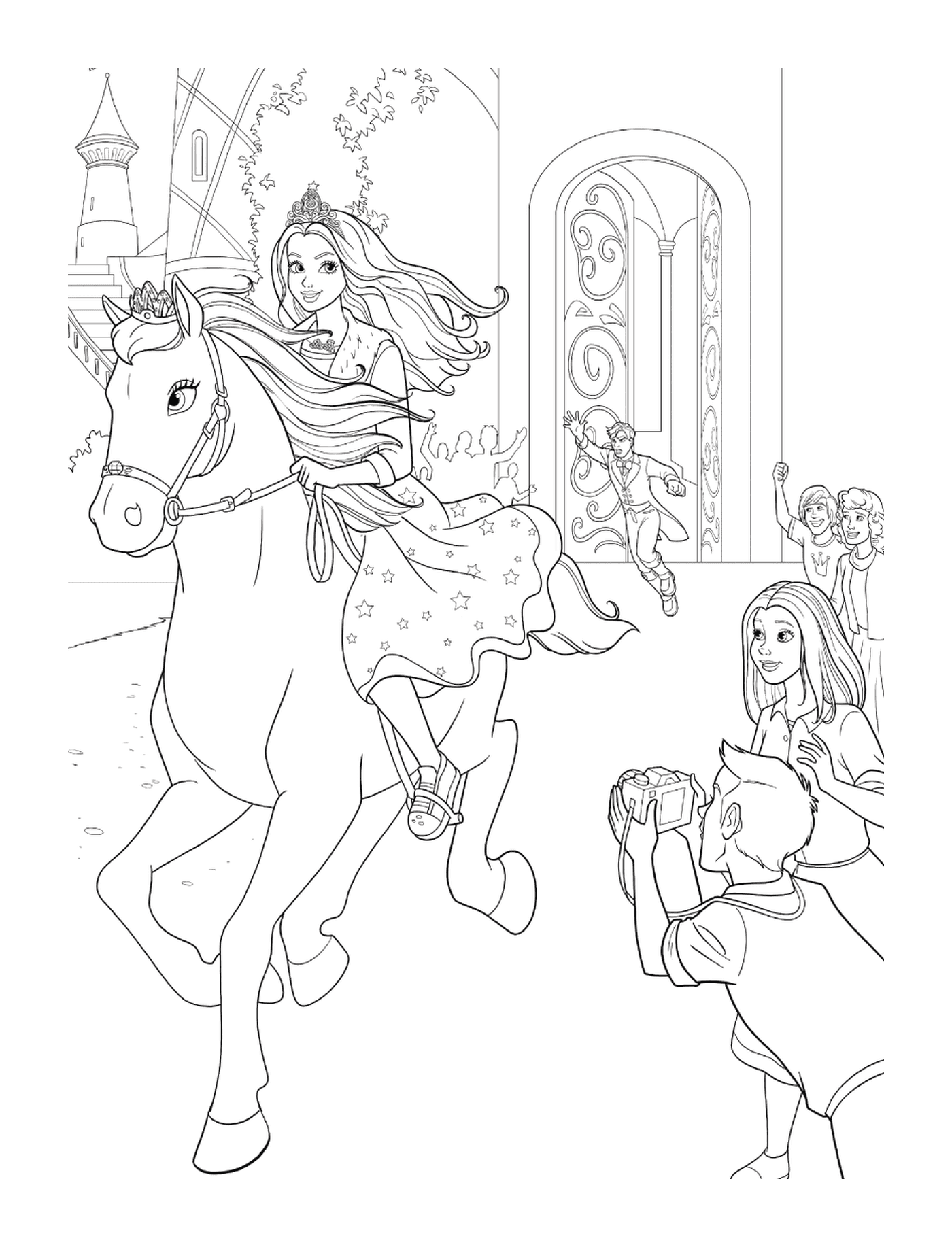  Ein Mädchen, das ein weißes Pferd reitet 
