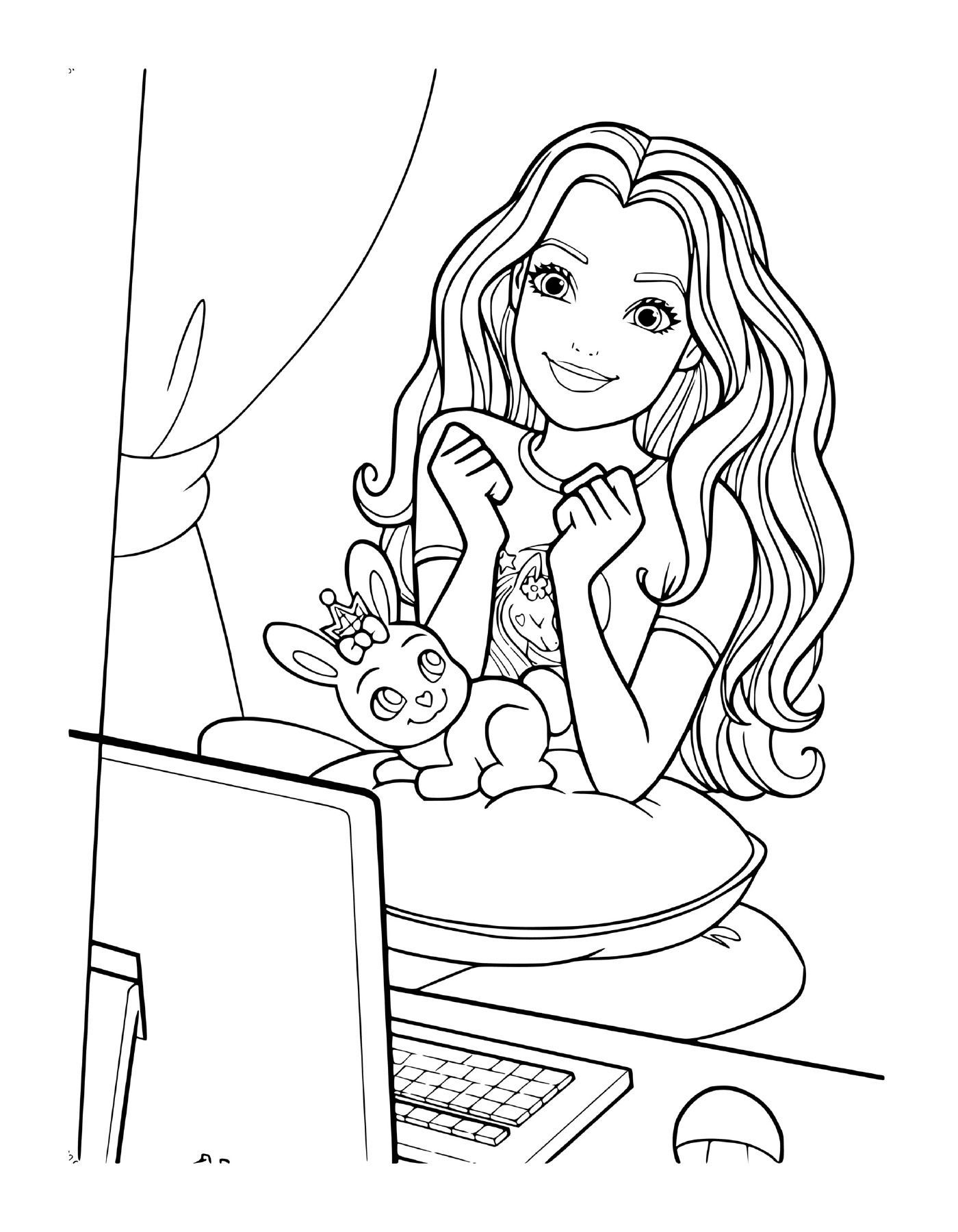  Una joven sentada frente a una computadora 