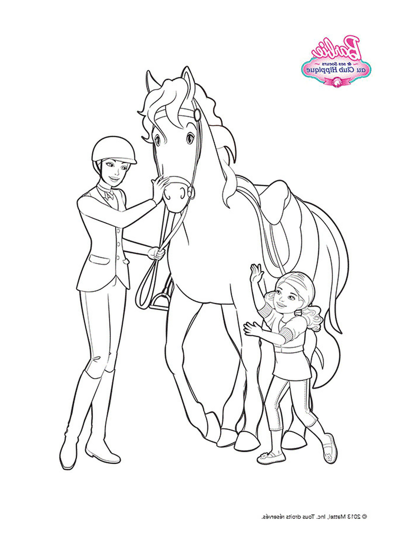  Barbie und ein kleines Mädchen stehen neben einem Pferd 