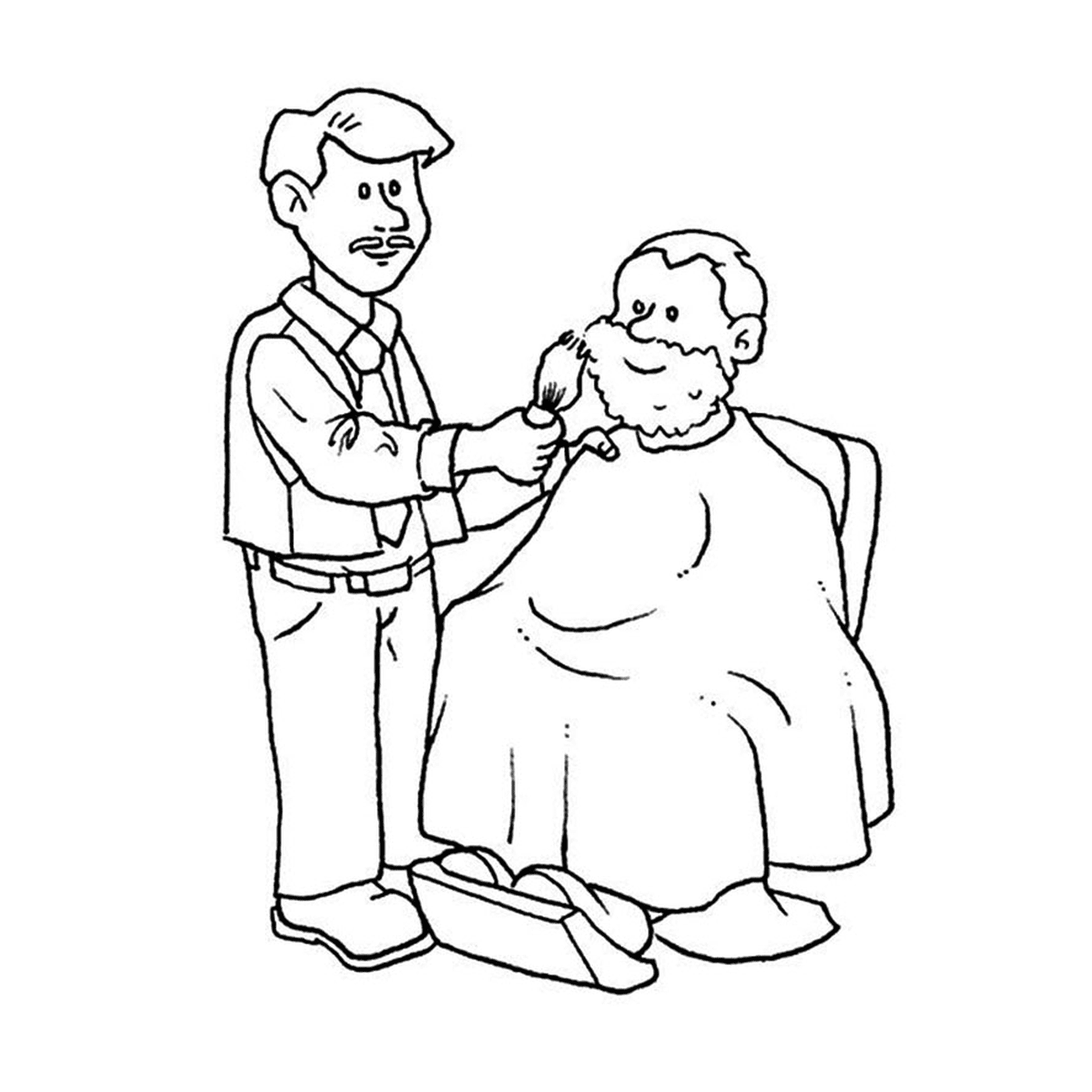  Barbier mit einem alten Mann bekommen seine Haare von einem Friseur geschnitten 