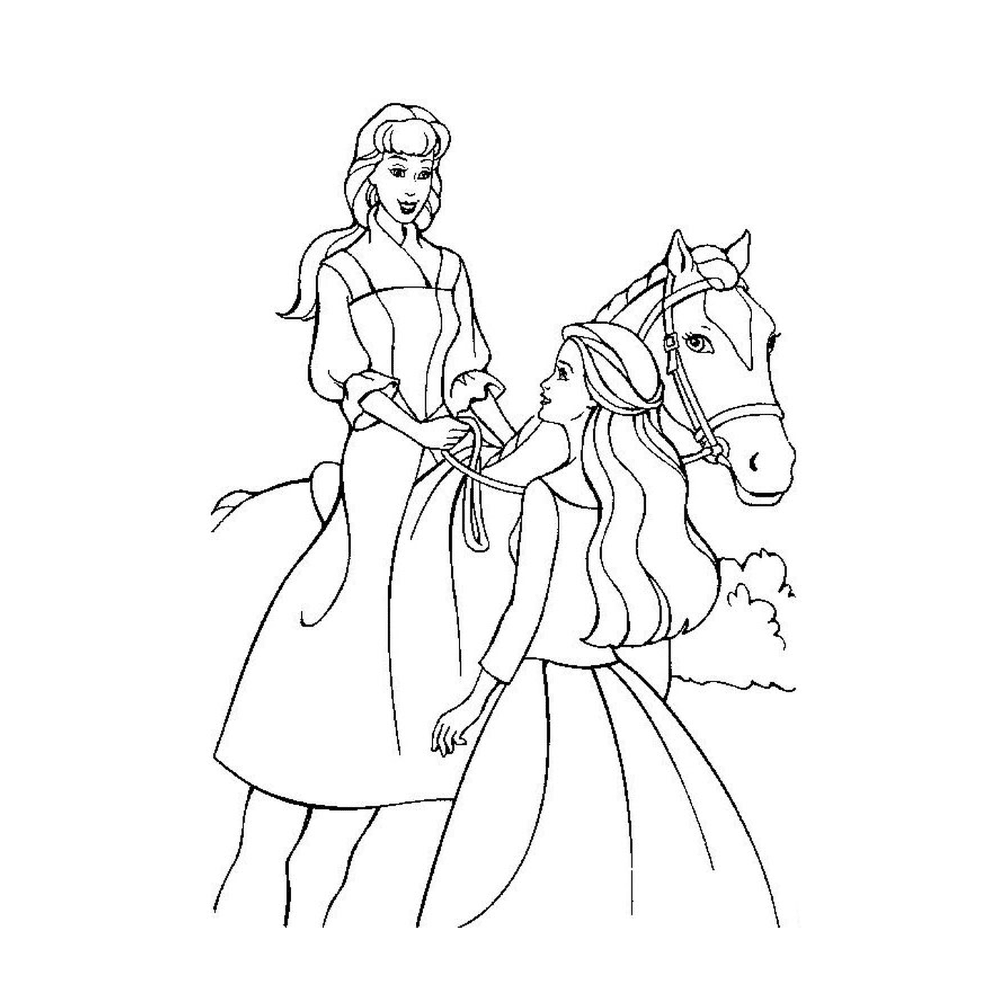  Барби лошадь с двумя молодыми женщинами на лошади 