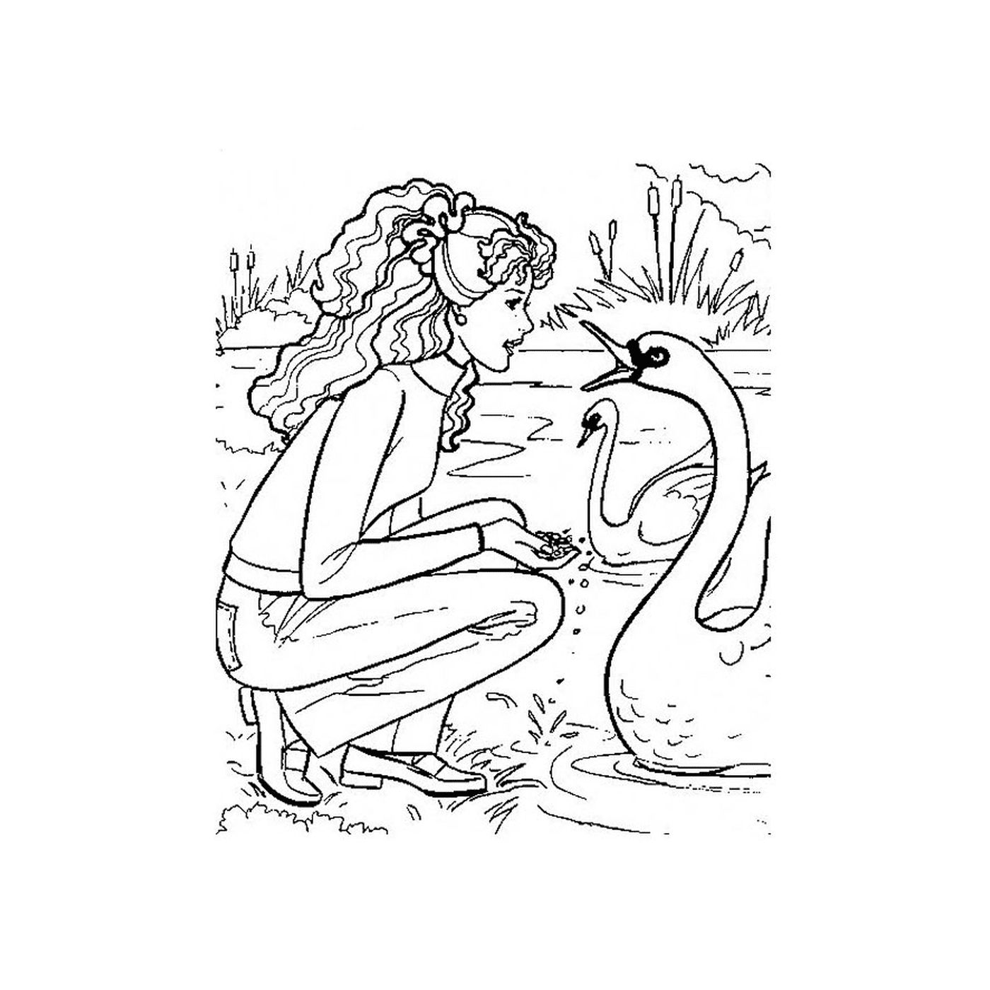  Ein Mädchen schaut auf einen Schwan in einem Teich 