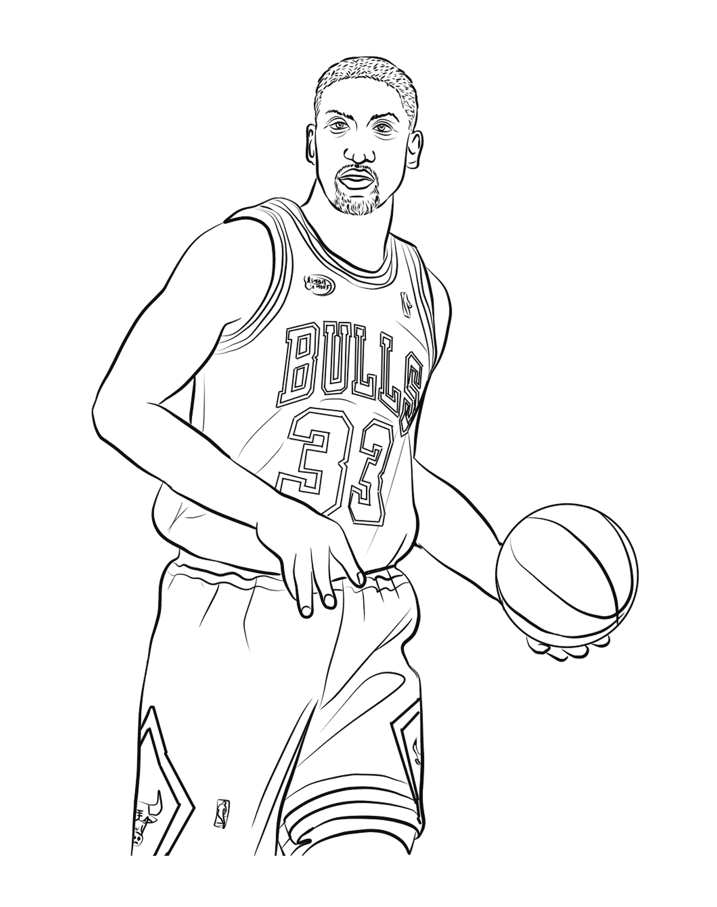  Scottie Pippen tiene una pelota de baloncesto 