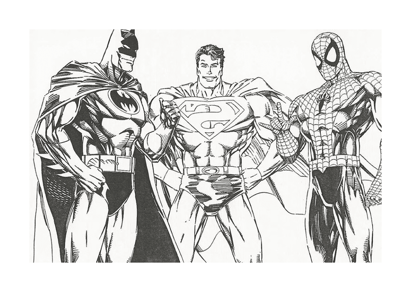  Eine Gruppe von Superhelden, die nebeneinander stehen, darunter Batman, Spiderman und Superman 