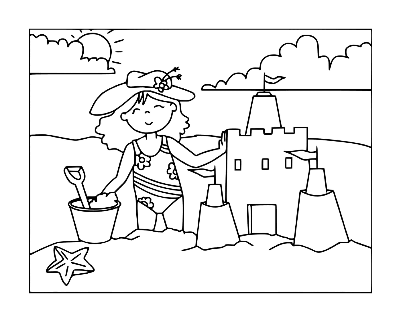  Una ragazza costruisce un castello di sabbia sulla spiaggia 