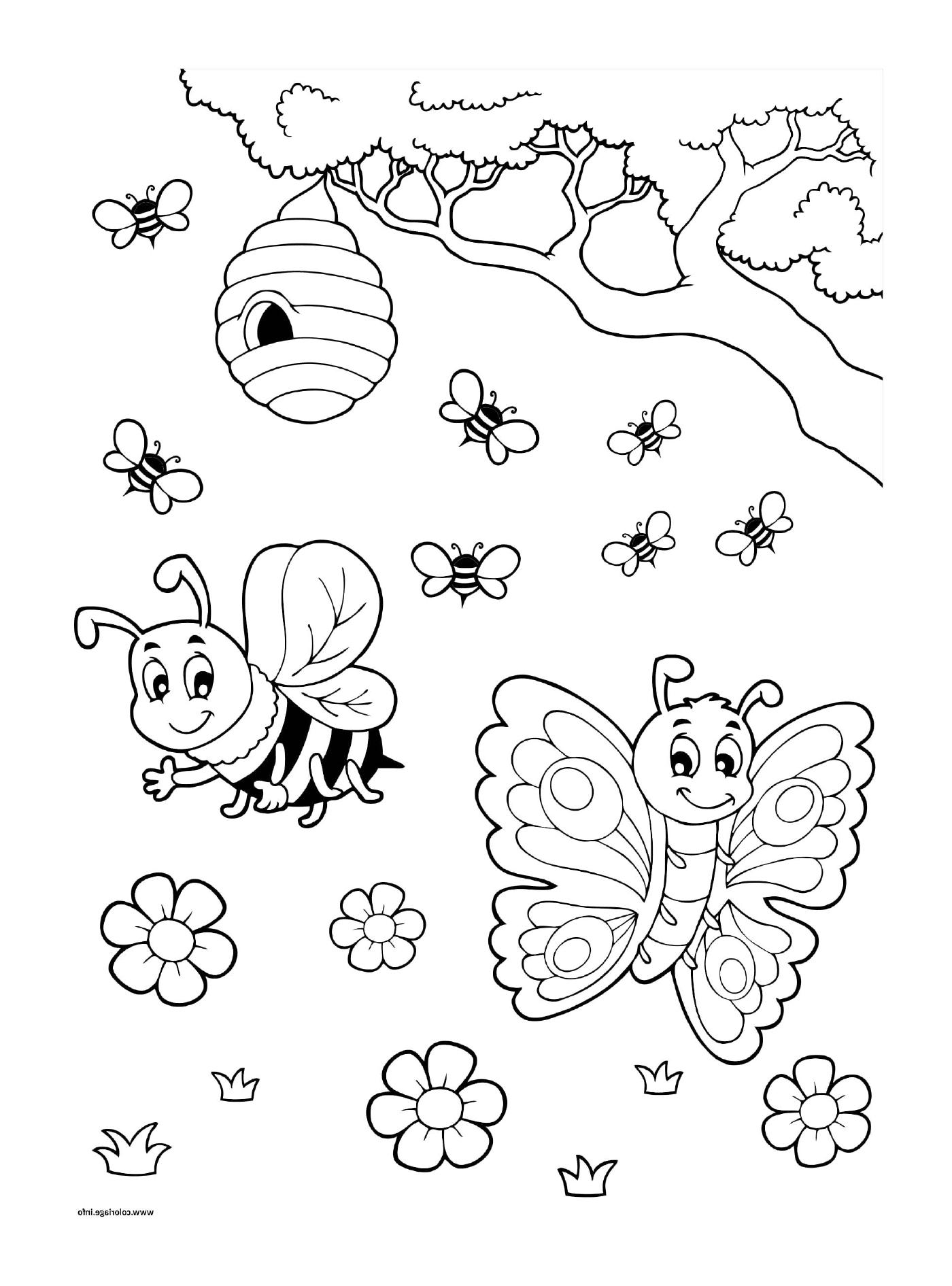  Bienenstöcke mit Schmetterlingen und Bienen 
