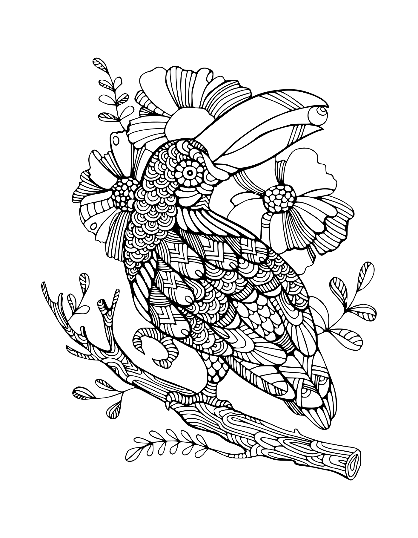  Птица, сидящая на деревянной ветке с цветами 