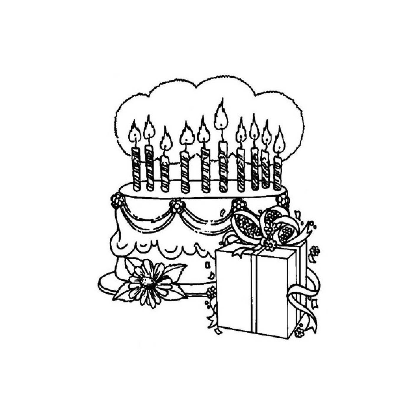  Birthday cake and gift box on a table 