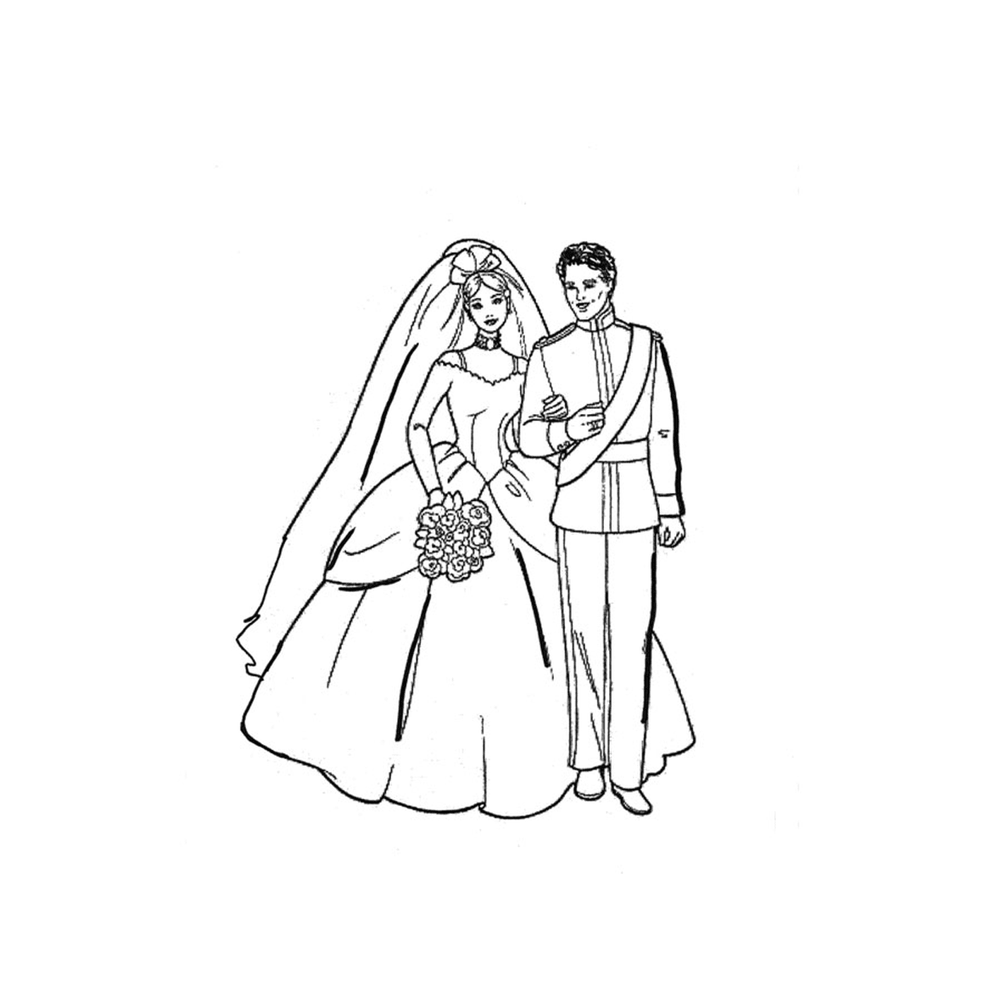  Ein Mann und eine Frau in einem Hochzeitskleid halten zusammen 