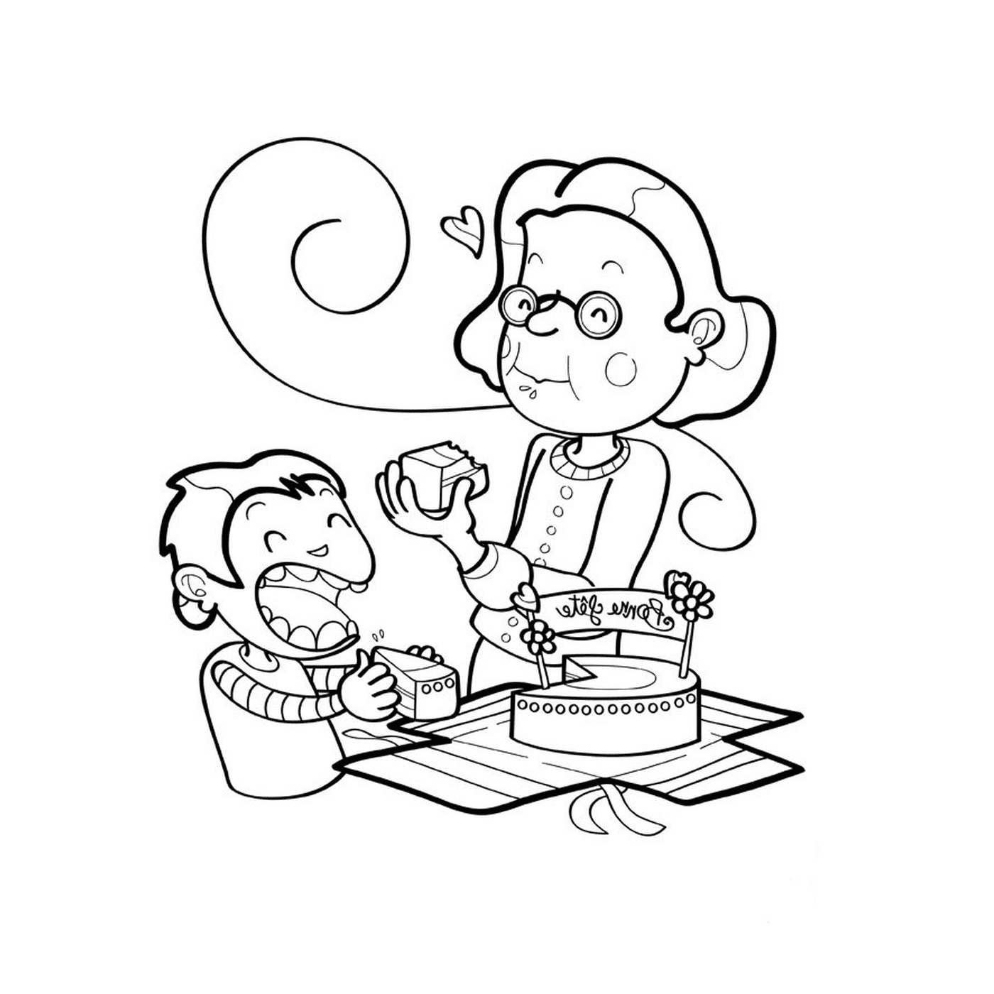  An old woman and a monkey eating cake 