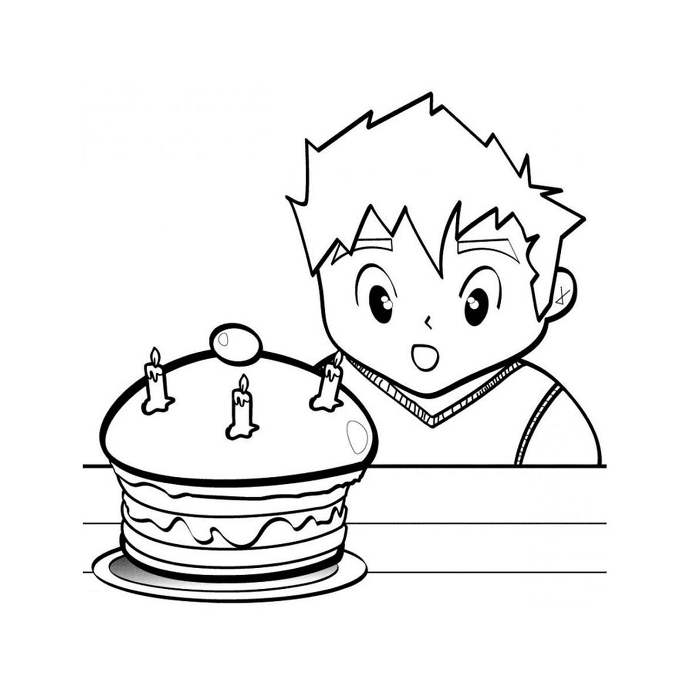  Мальчик смотрит на праздничный торт 