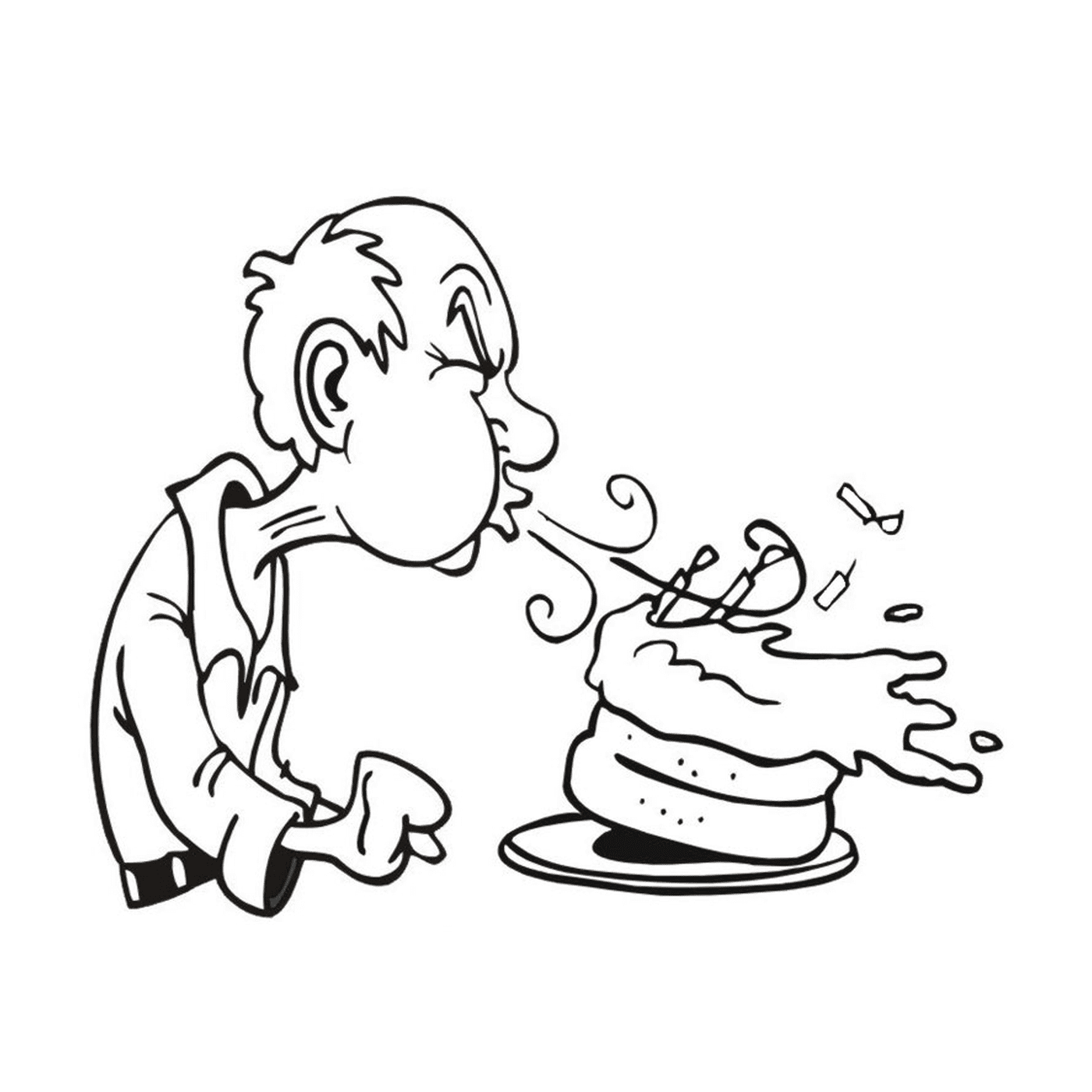  a man blowing a candle on a cake 