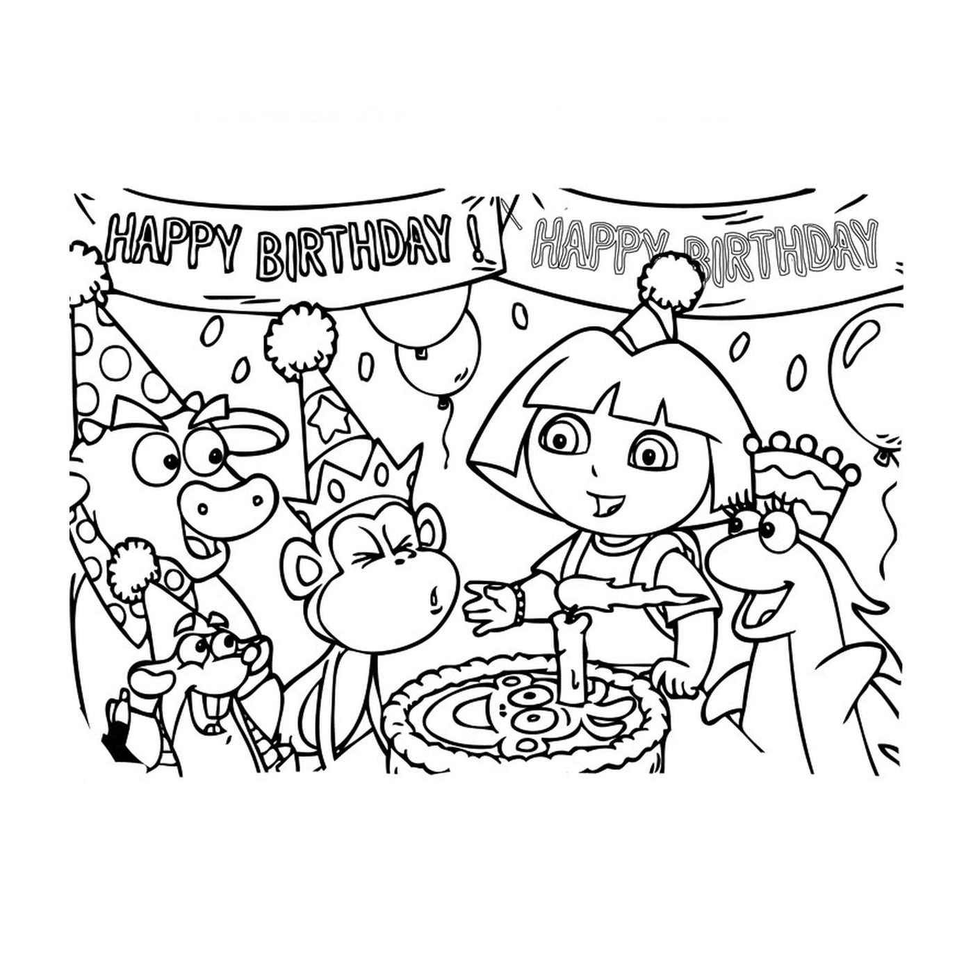  una escena de fiesta de cumpleaños con una chica y animales 