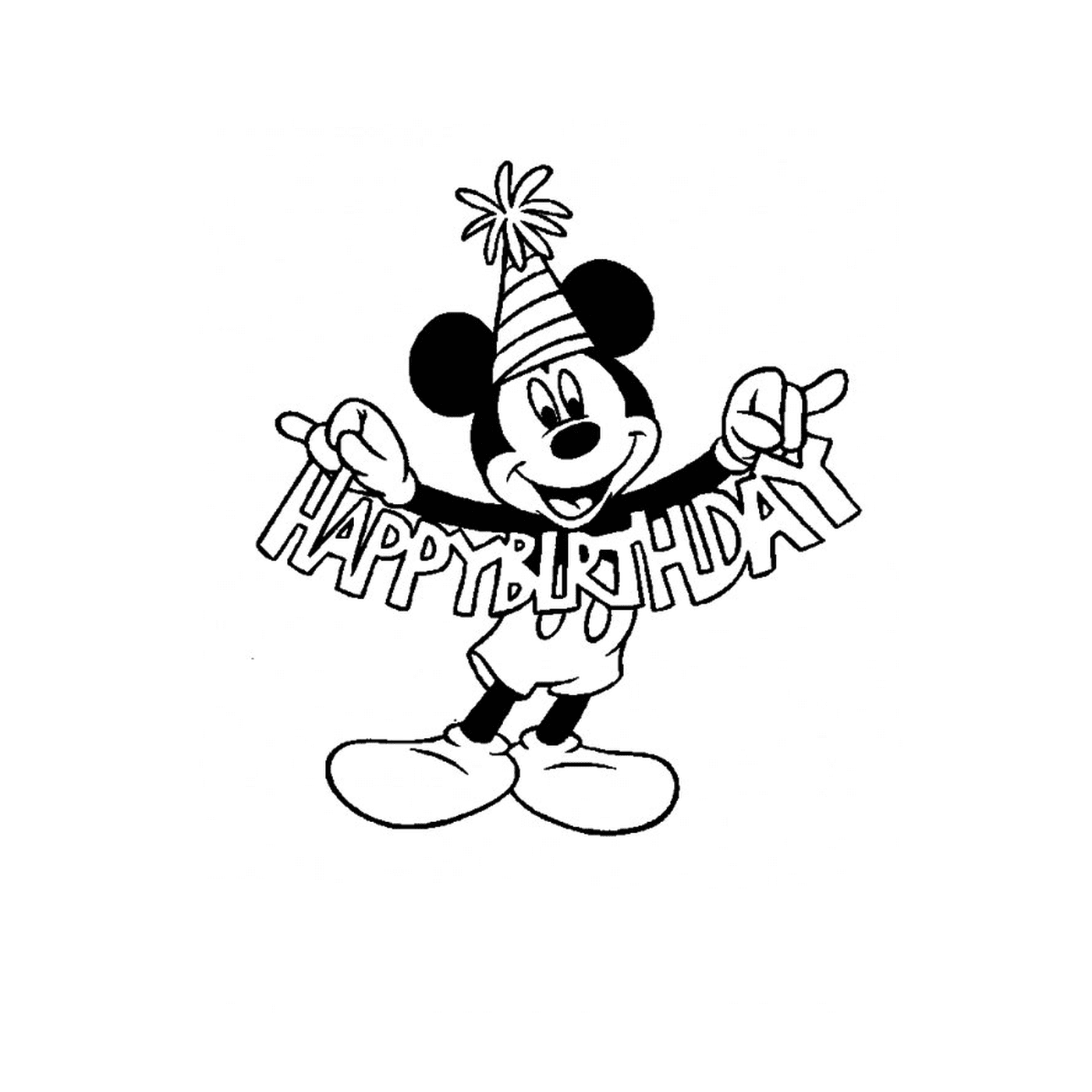  Mickey Maus hält ein Happy Birthday Zeichen 