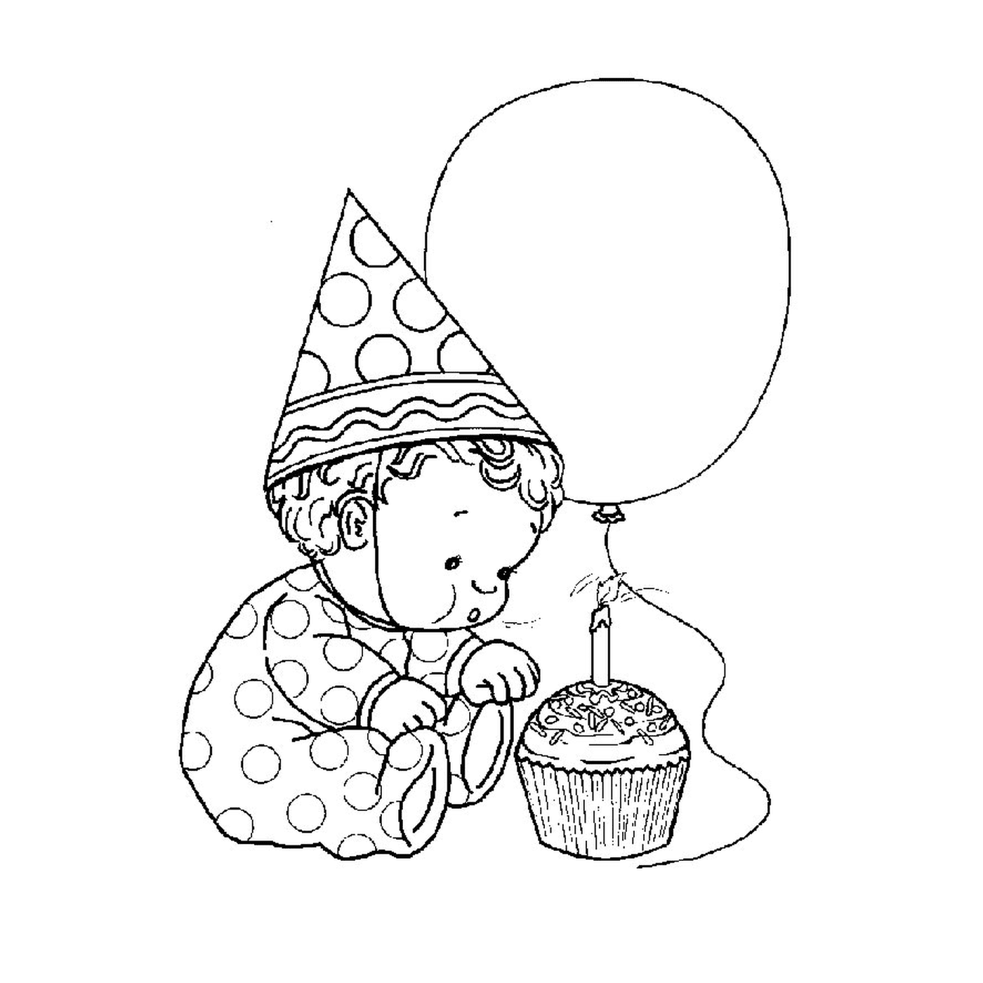  ein Baby mit einem Partyhut, der eine Kerze bläst 