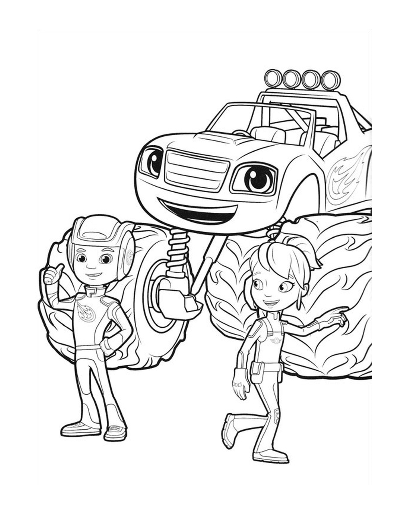  A boy and a girl standing next to a truck 