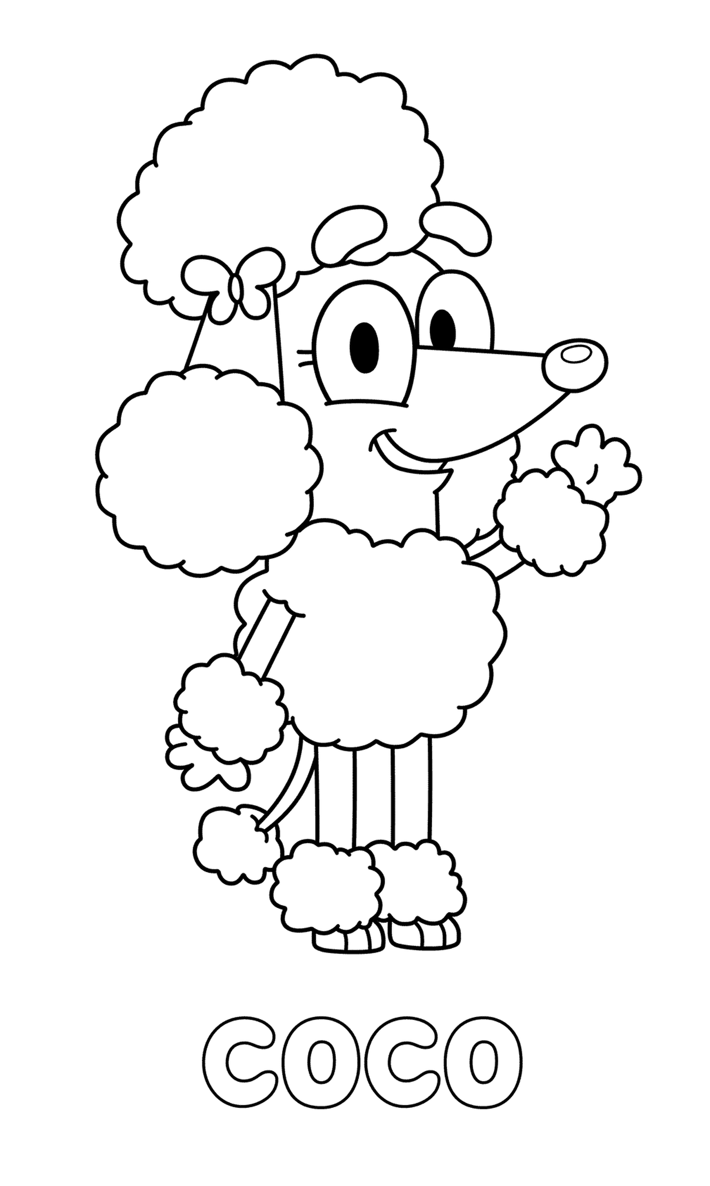  A cartoon poodle named Coco with a flower on its head 