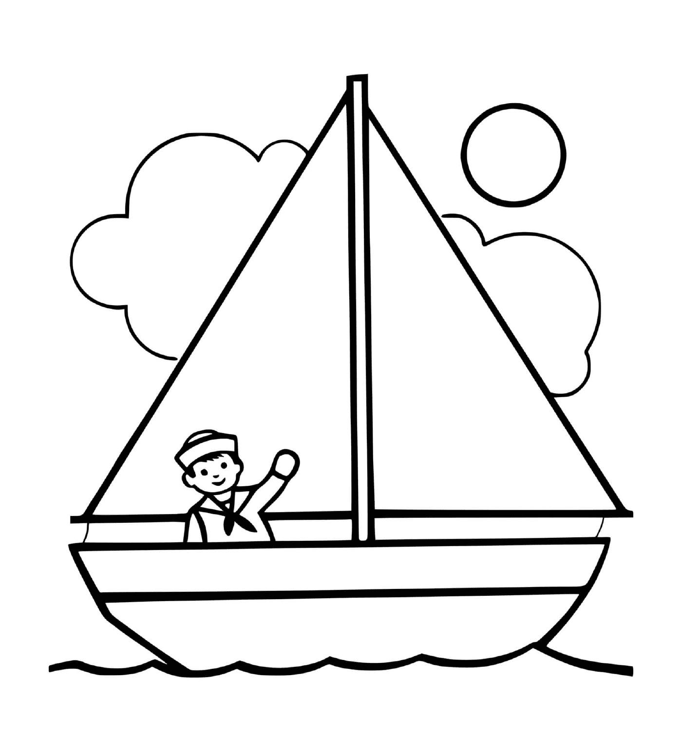  A man in a boat with a sun and a captain 