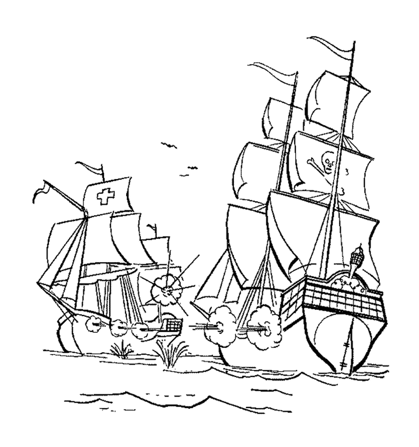  The pirate ship attacks a cargo ship 