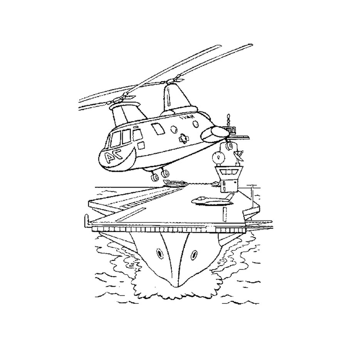  Una barca militare con un elicottero che sorvola una portaerei 
