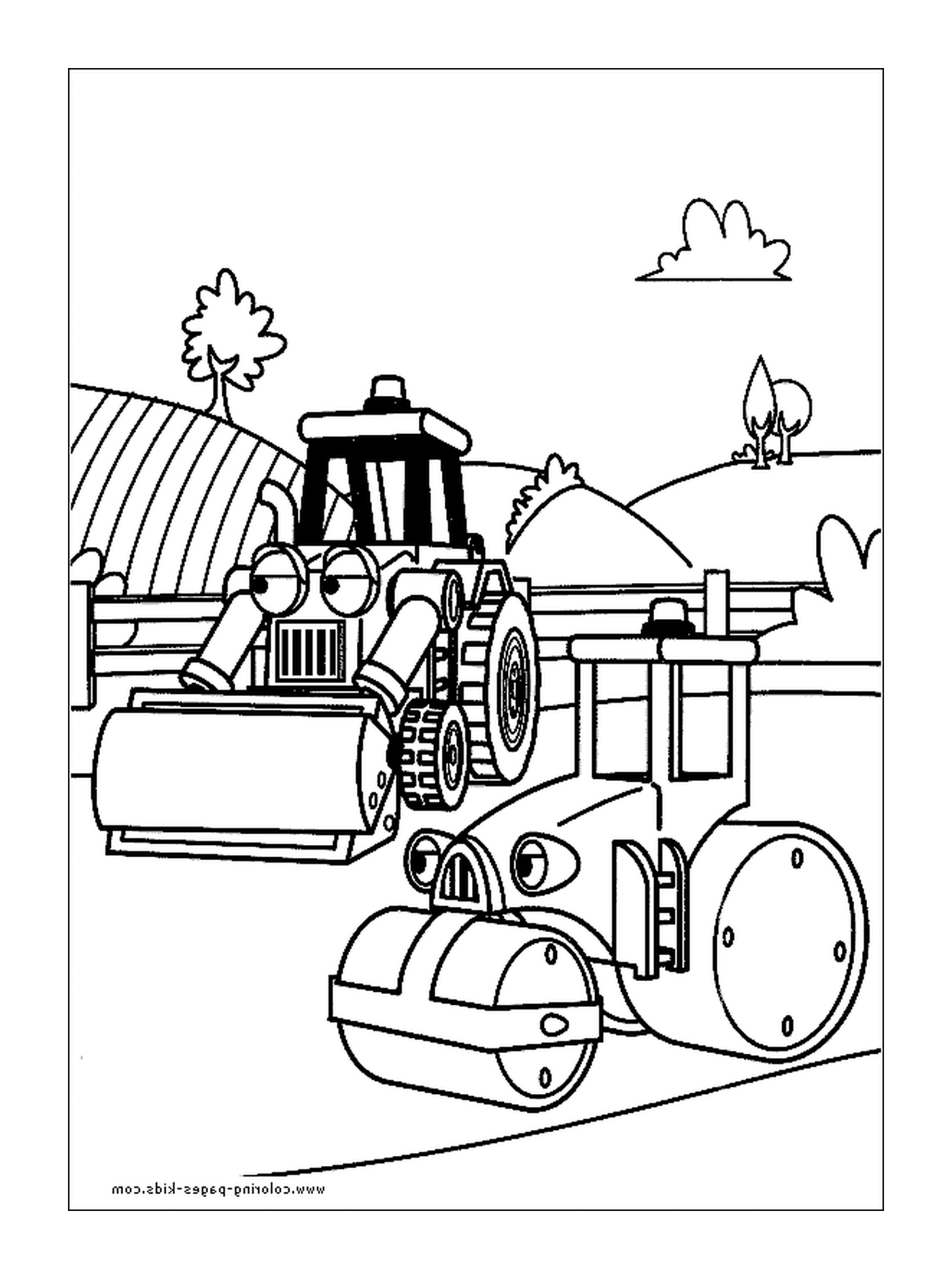  A crane and a construction tractor 