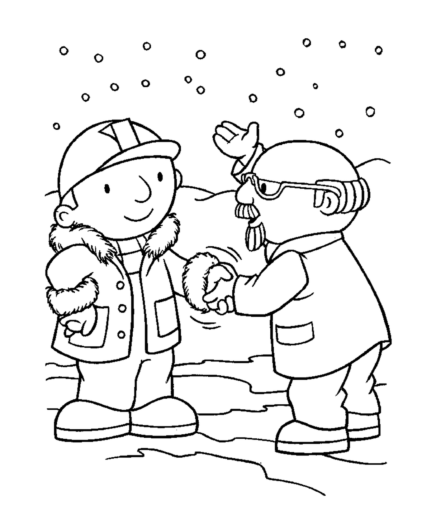  Two people shake hands in the snow 