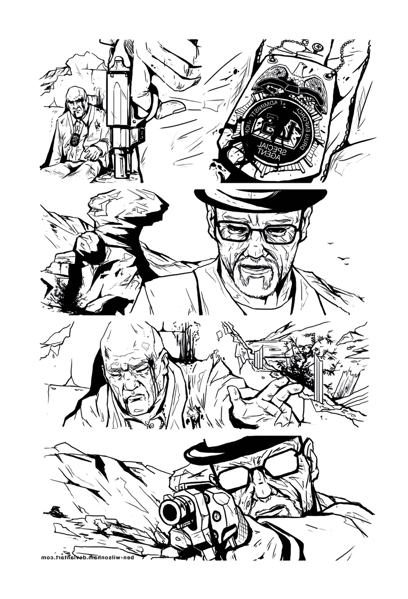  Una serie de dibujos en blanco y negro de un hombre 