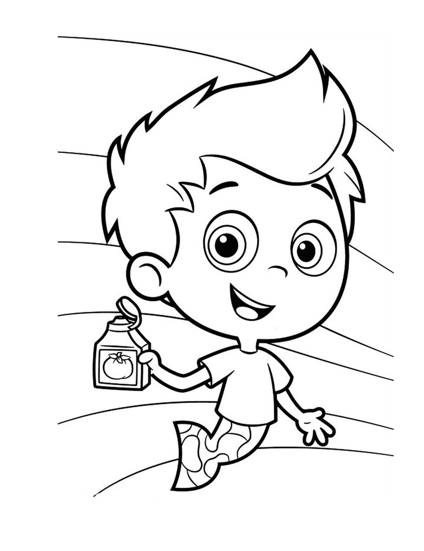  A boy holding a bottle of tomato juice 