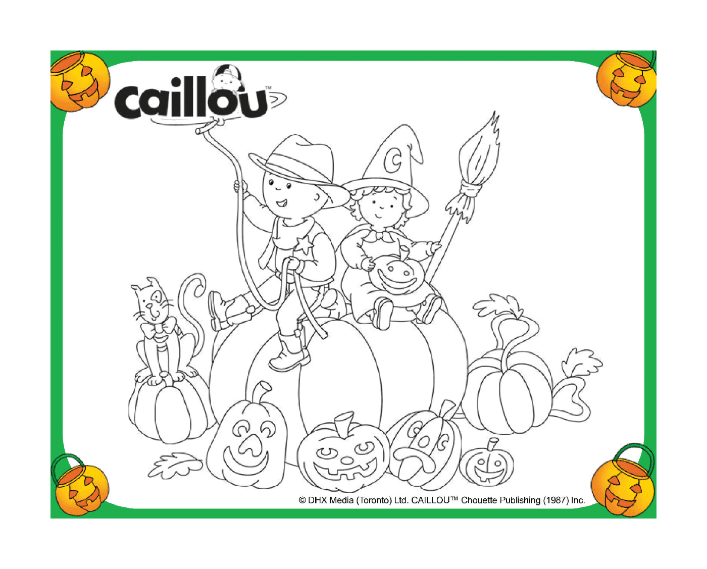  Caillou und Chiffon feiern Halloween auf einem Kürbis 