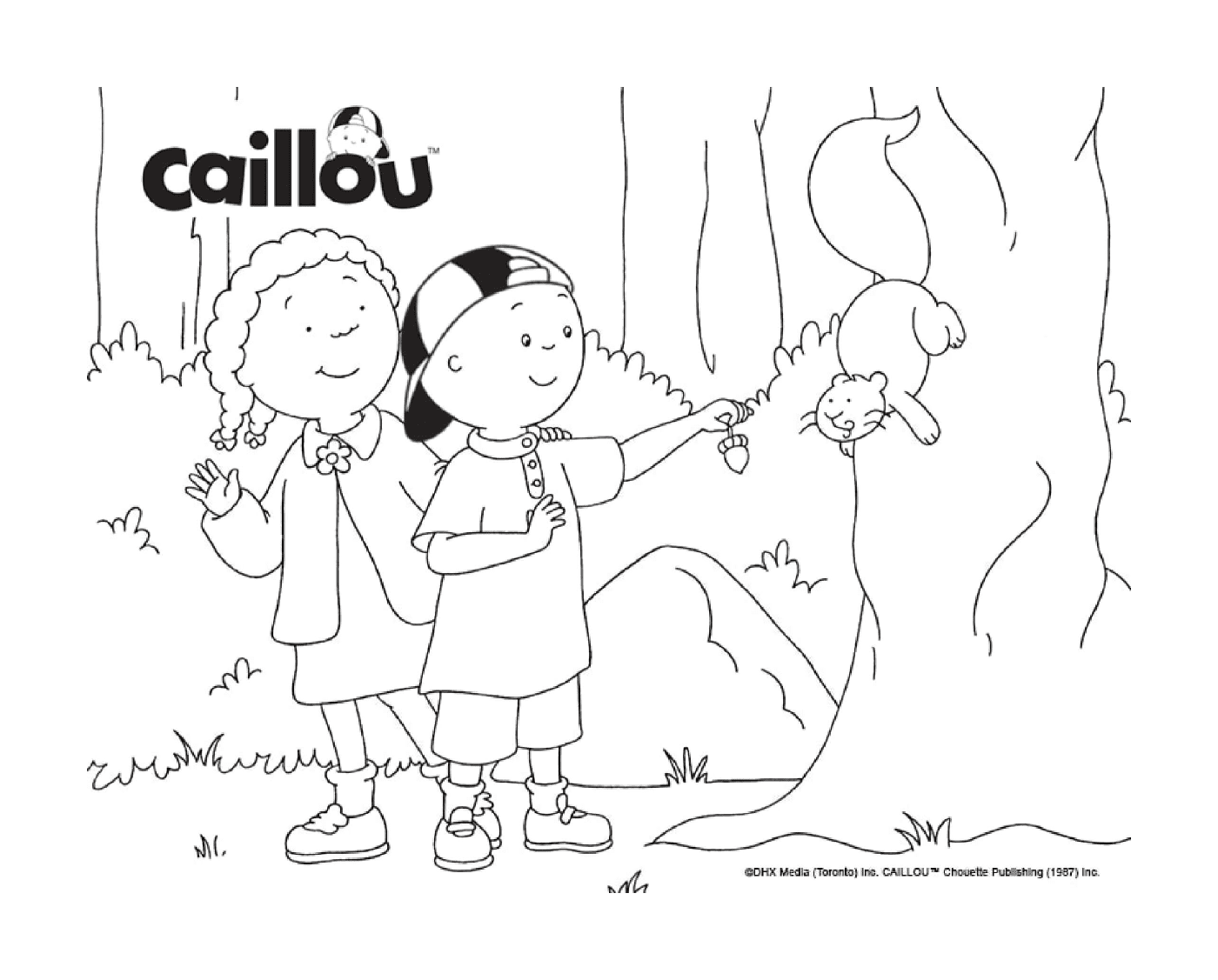  Caillou y Clementine con una ardilla en el parque 