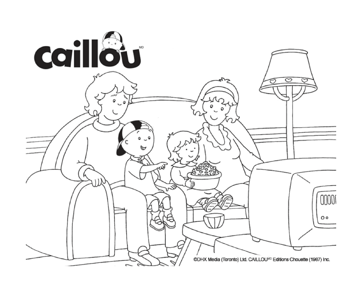  La familia Caillou está viendo una película en la televisión 