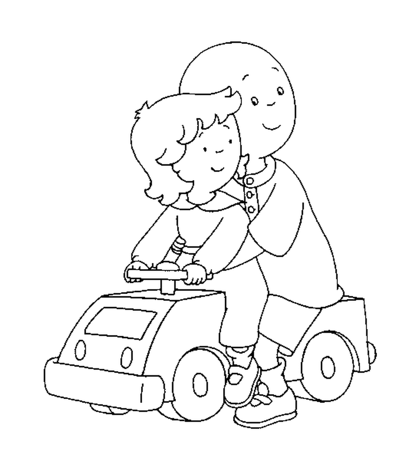  Caillou and Moussline play the car together 