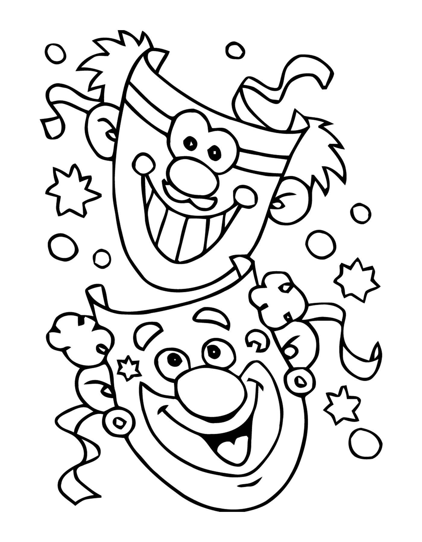  Весёлые карнавальные маски, два улыбающихся клоуна для камеры 