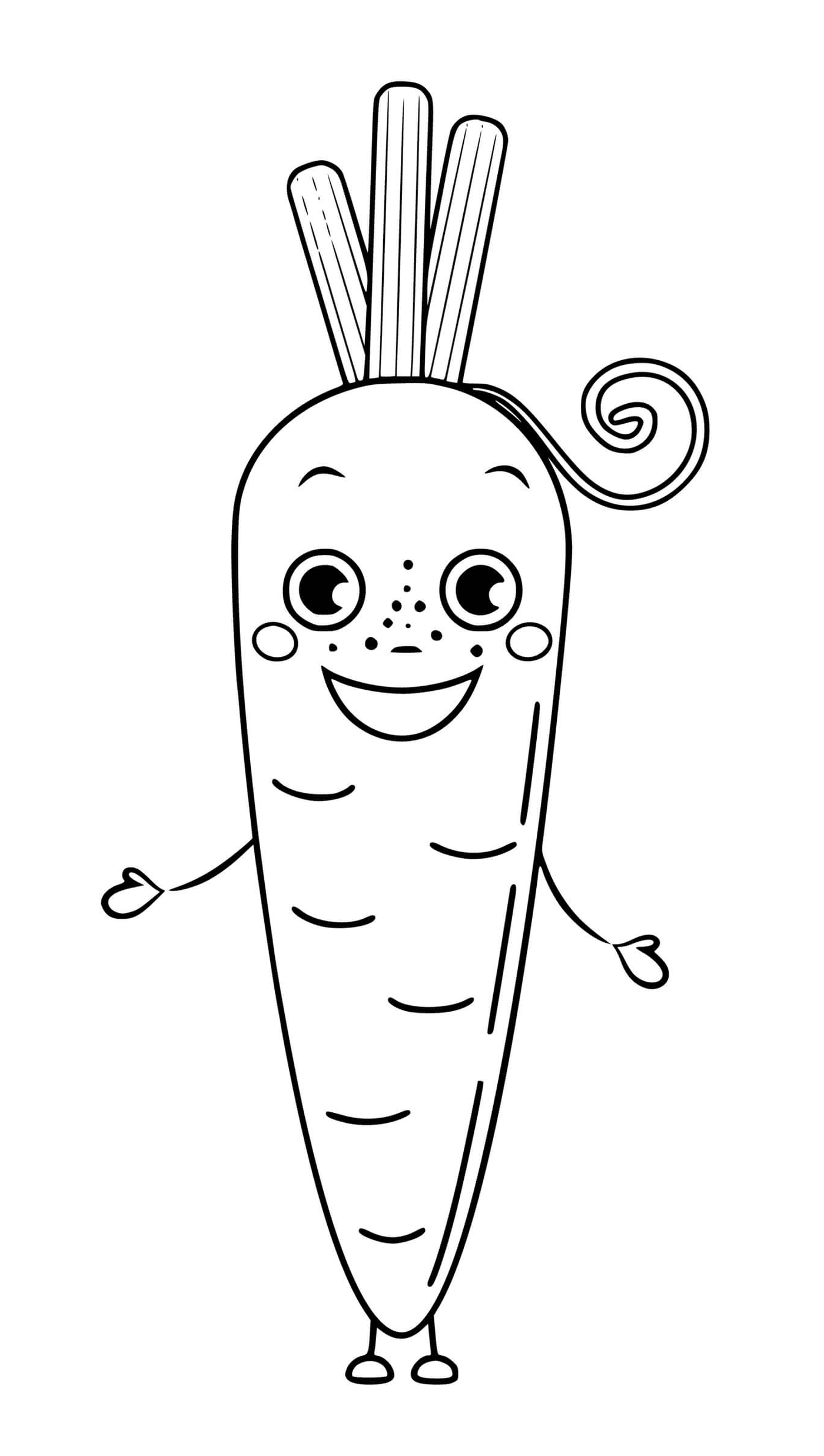  Gemüsekarotte mit Augen und Lächeln, eine Karotte mit einem lockigen Schwanz 