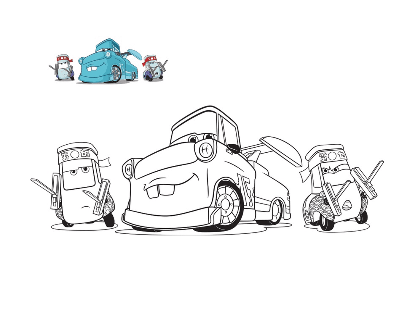 Cars 3, Guido and his friends, mechanical tow truck, line of a car with a car on the floor 