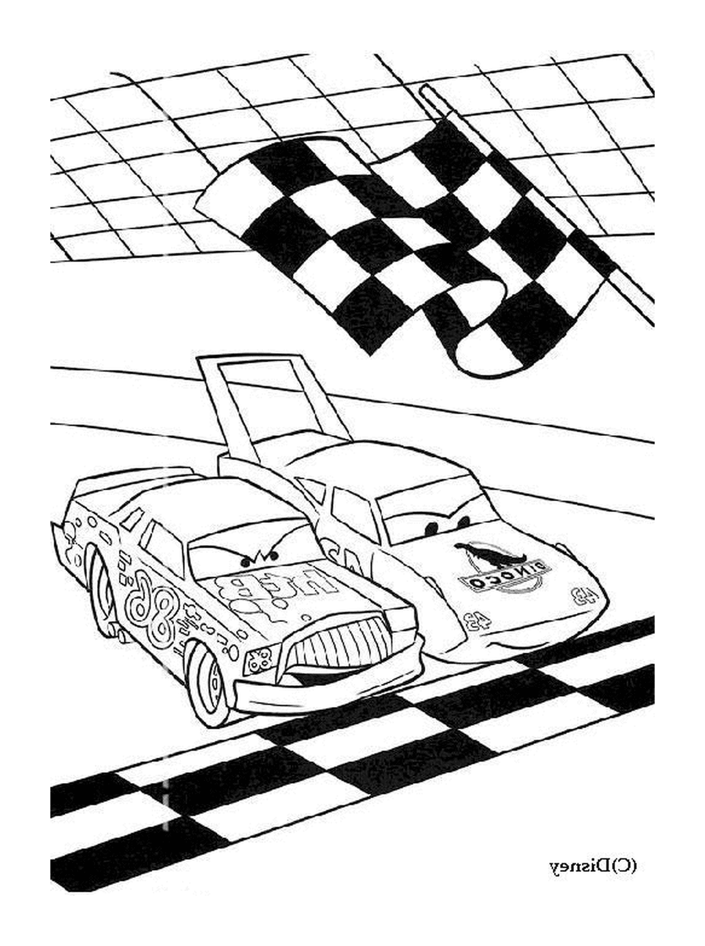  Dos coches de carreras en la meta 