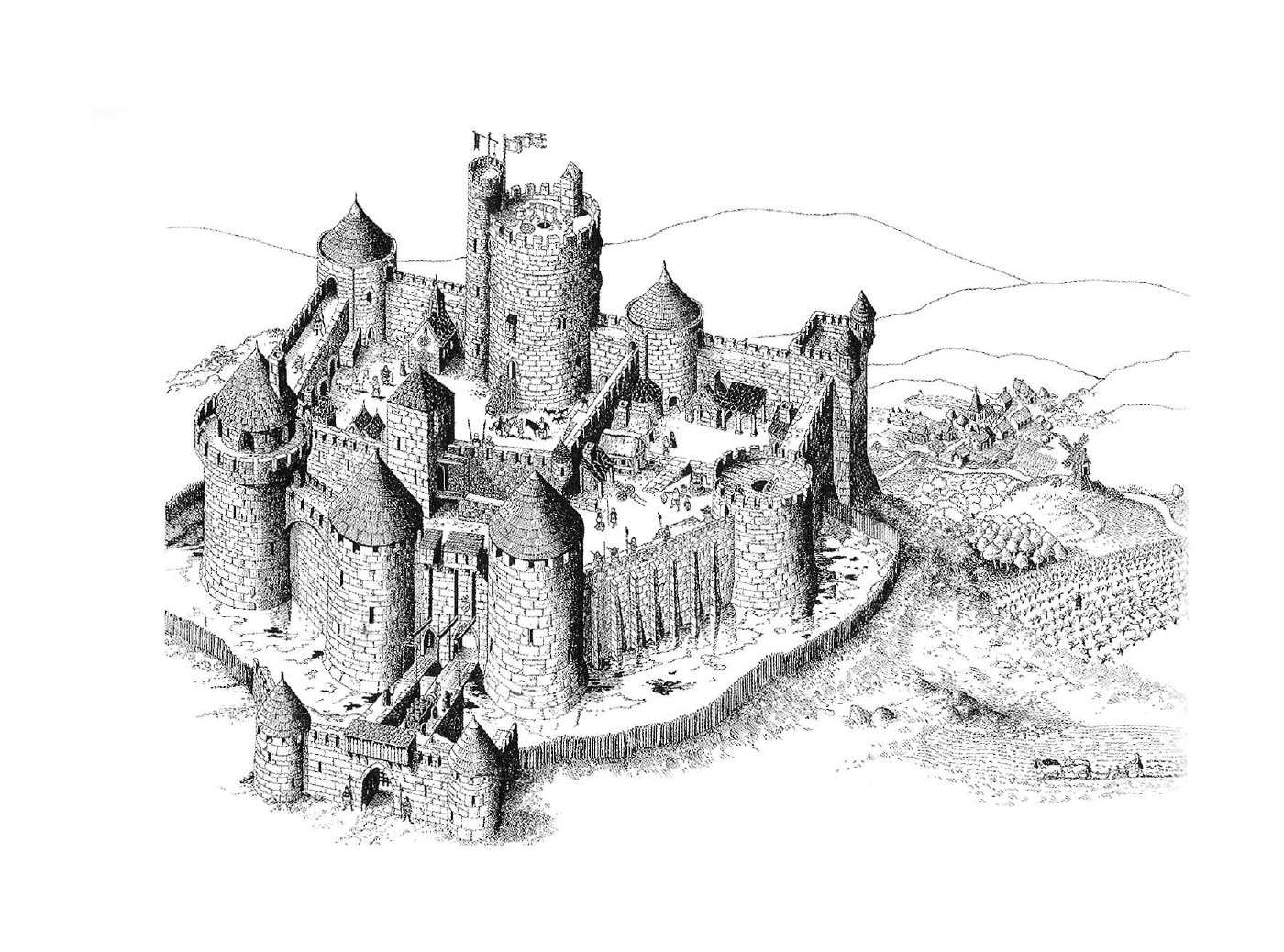  Un castillo medieval con otro castillo en la cima 