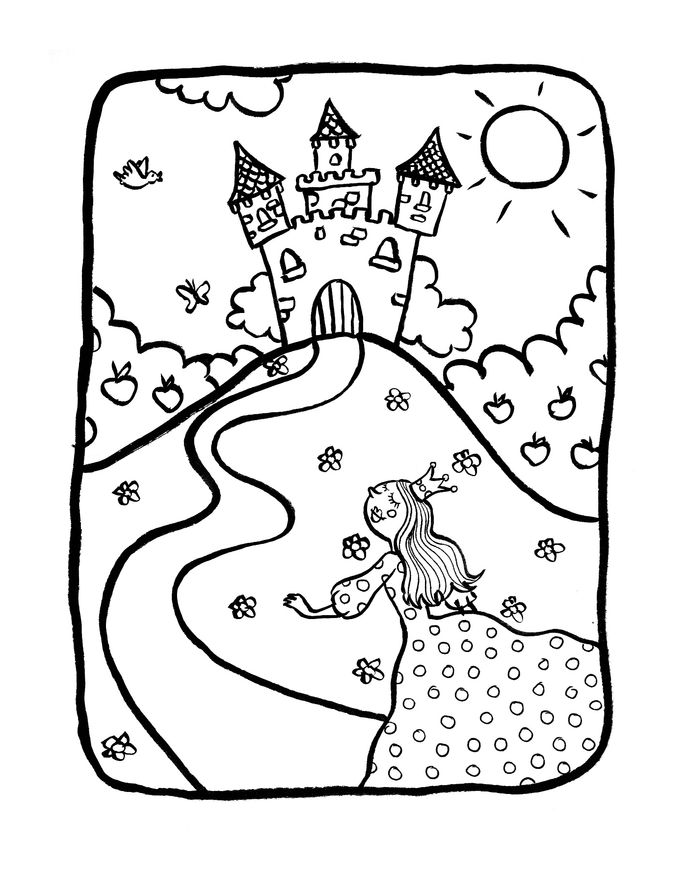  A girl in front of a castle with princesses 