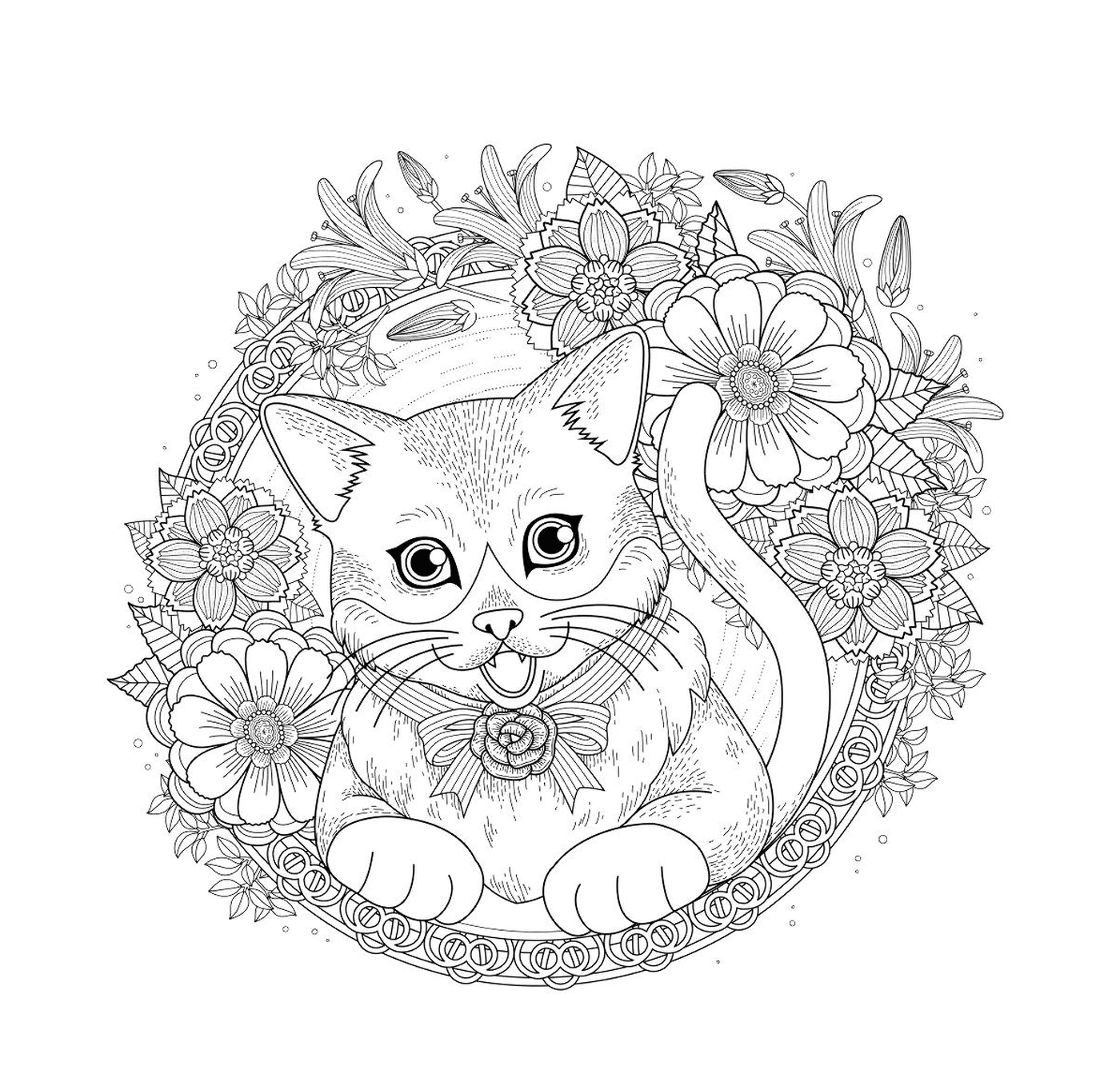  Un gatto mandala con fiori e rose 