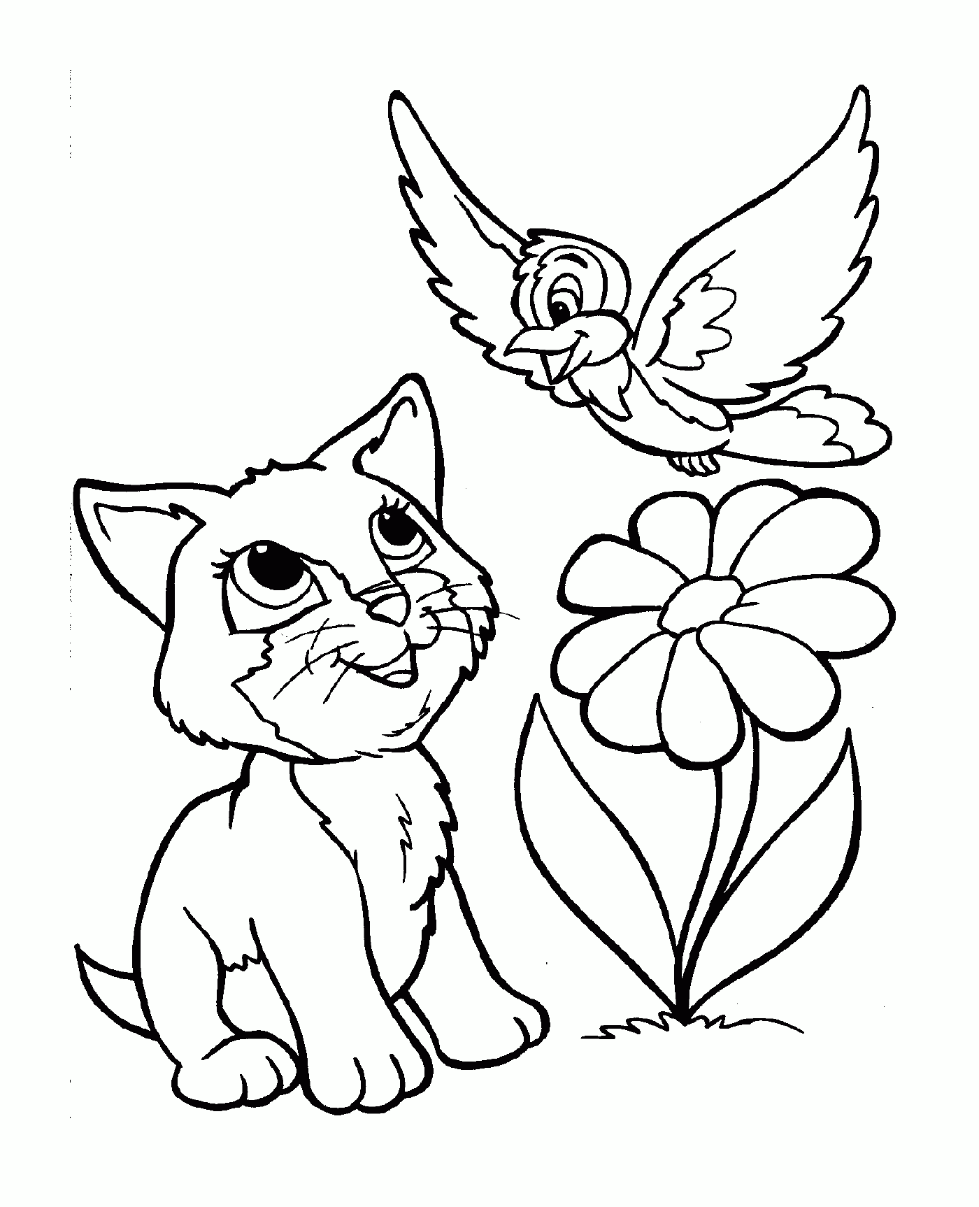  A friendly cat with a bird sitting next to a flower 